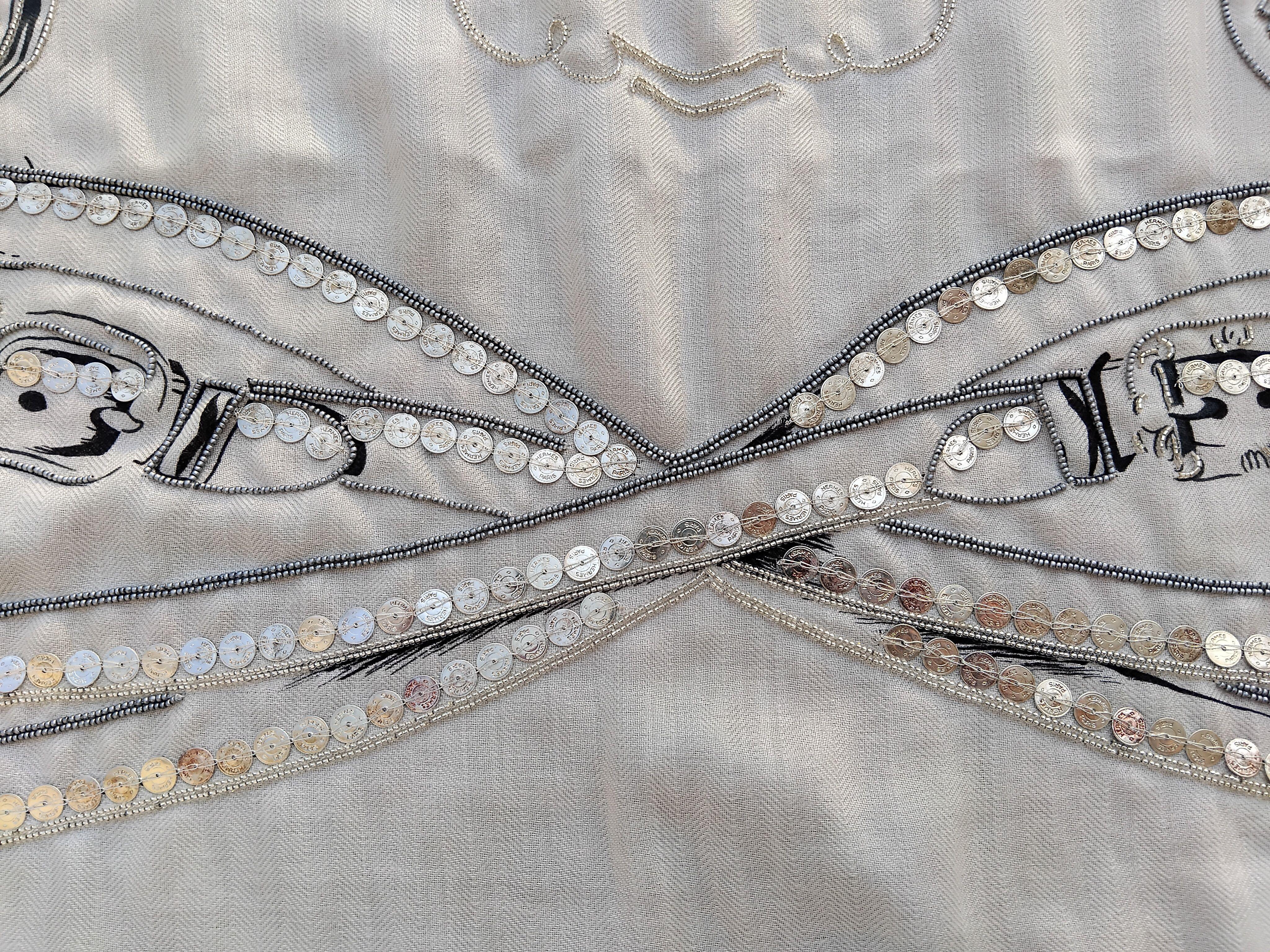 Hermès Shawl Scarf Brides De Gala Precious Embroidered Cashmere Silk 140 cm For Sale 11