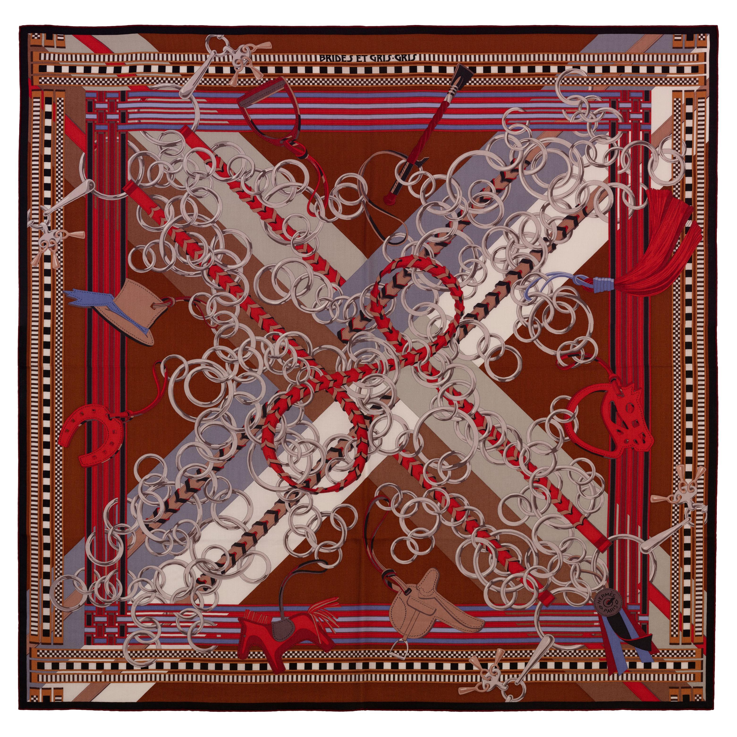 Scialle Hermes - Brides et Gris Gris - CS140 - Marrone Grigio Corallo  Etichetta per la cura &New