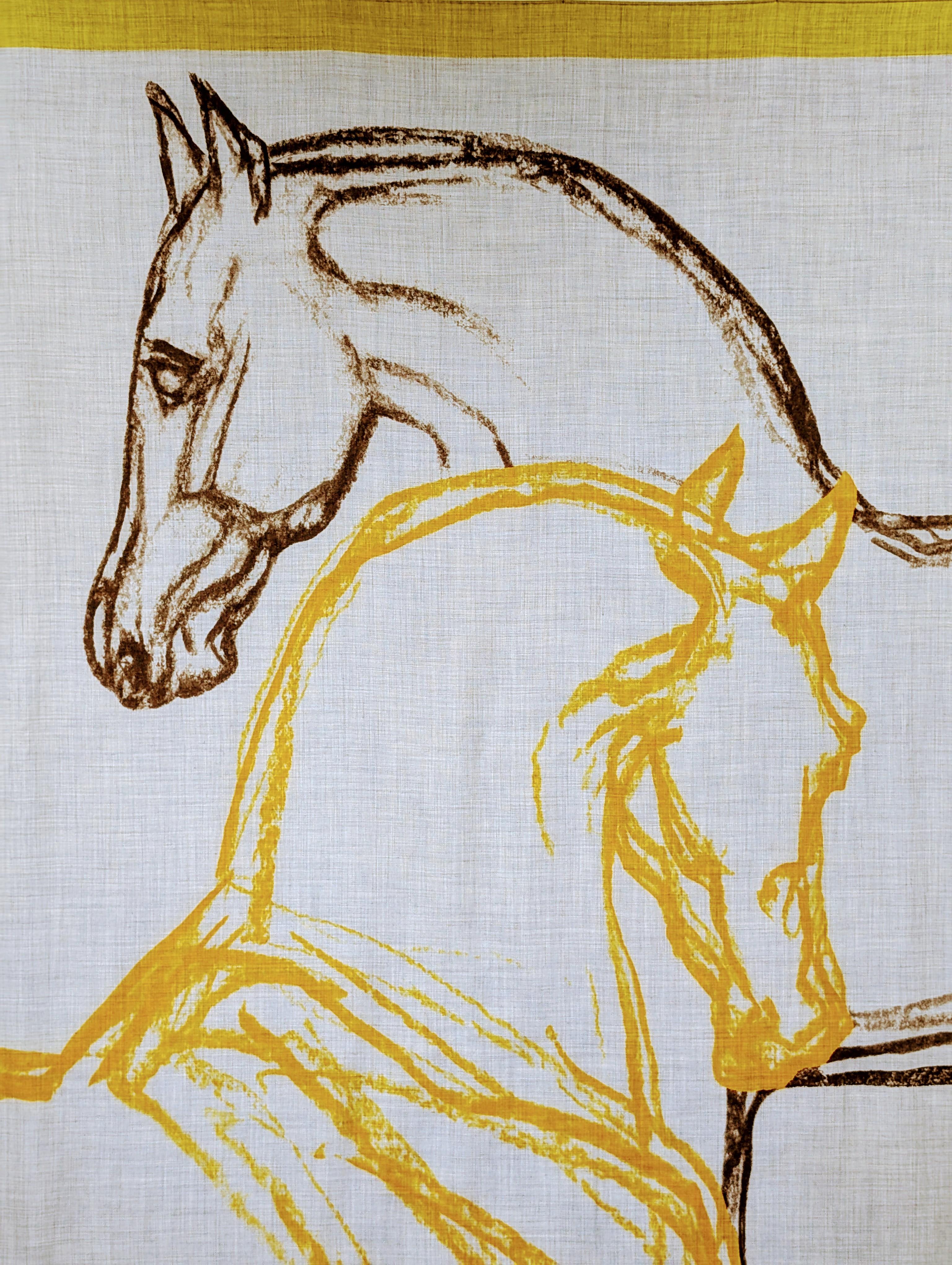 HERMÈS
Shawl in cashmere and silk with hand-rolled edges (70% cashmere, 30% silk).
Title: CHEVAUX AU PRE
Collection Spring 2020
Designed by Jean-Louis Sauvat
Made in France
Colors:  Gris Chine, Jaune, and Taupe - China Gray, Yellow, and