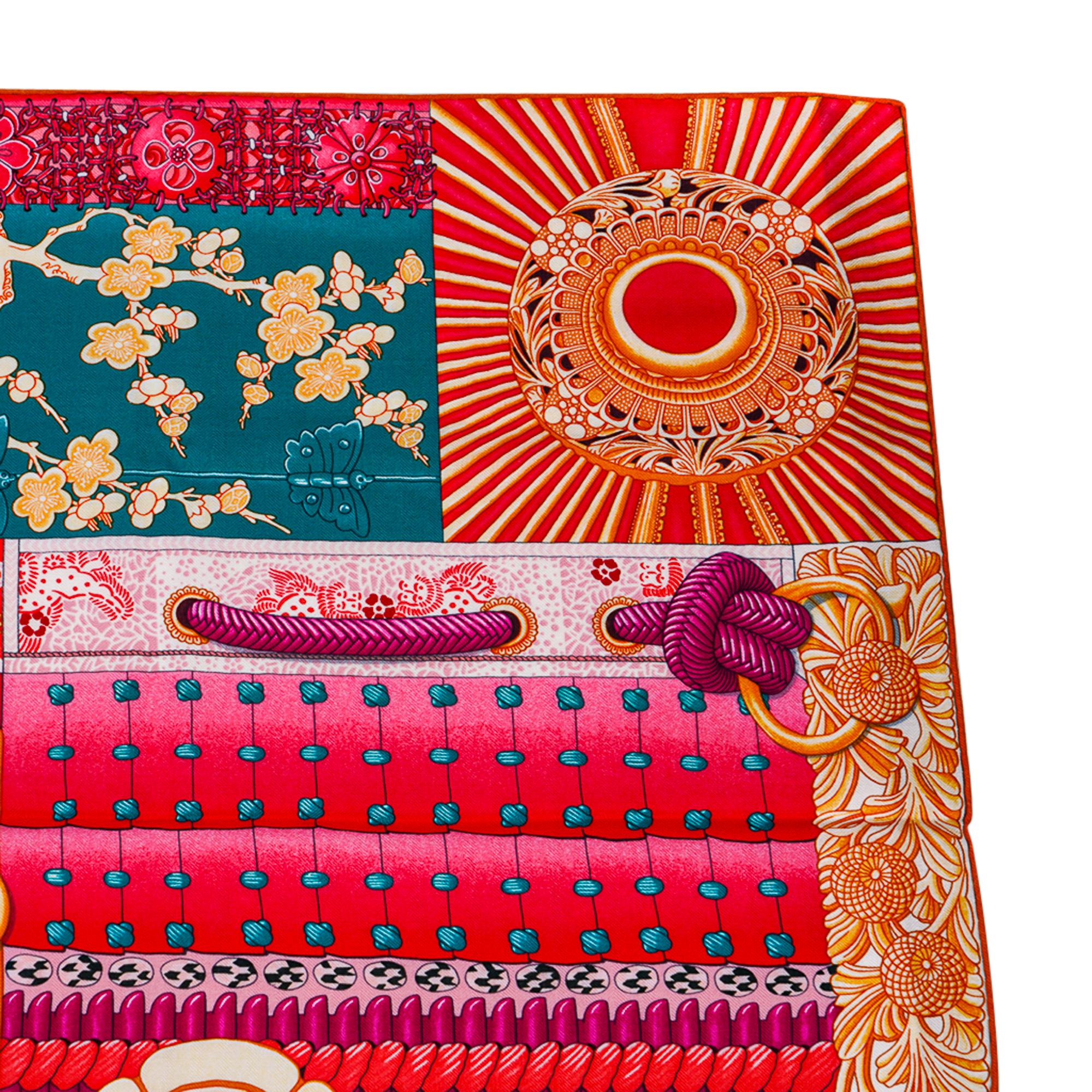 Châle Hermès GM Parures de Samouraïs en cachemire rose indien vert corail 140 cm, Neuf en vente 6