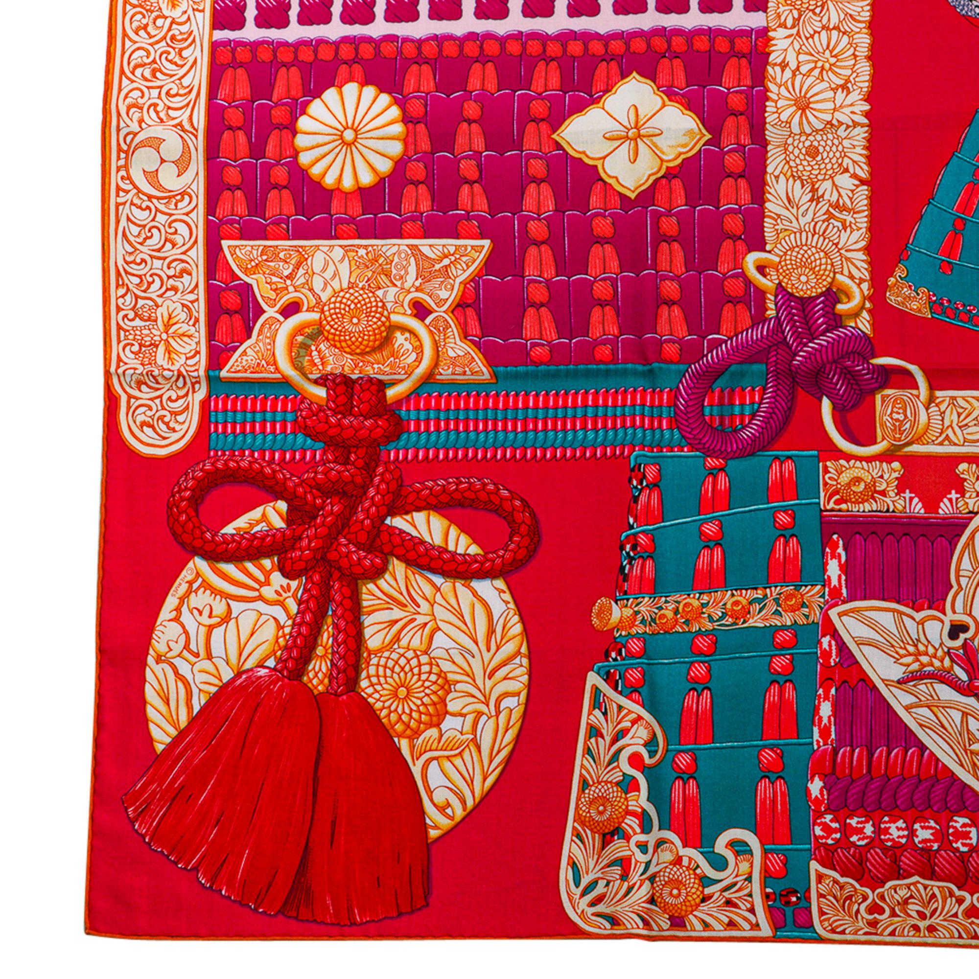 Châle Hermès GM Parures de Samouraïs en cachemire rose indien vert corail 140 cm, Neuf Pour femmes en vente