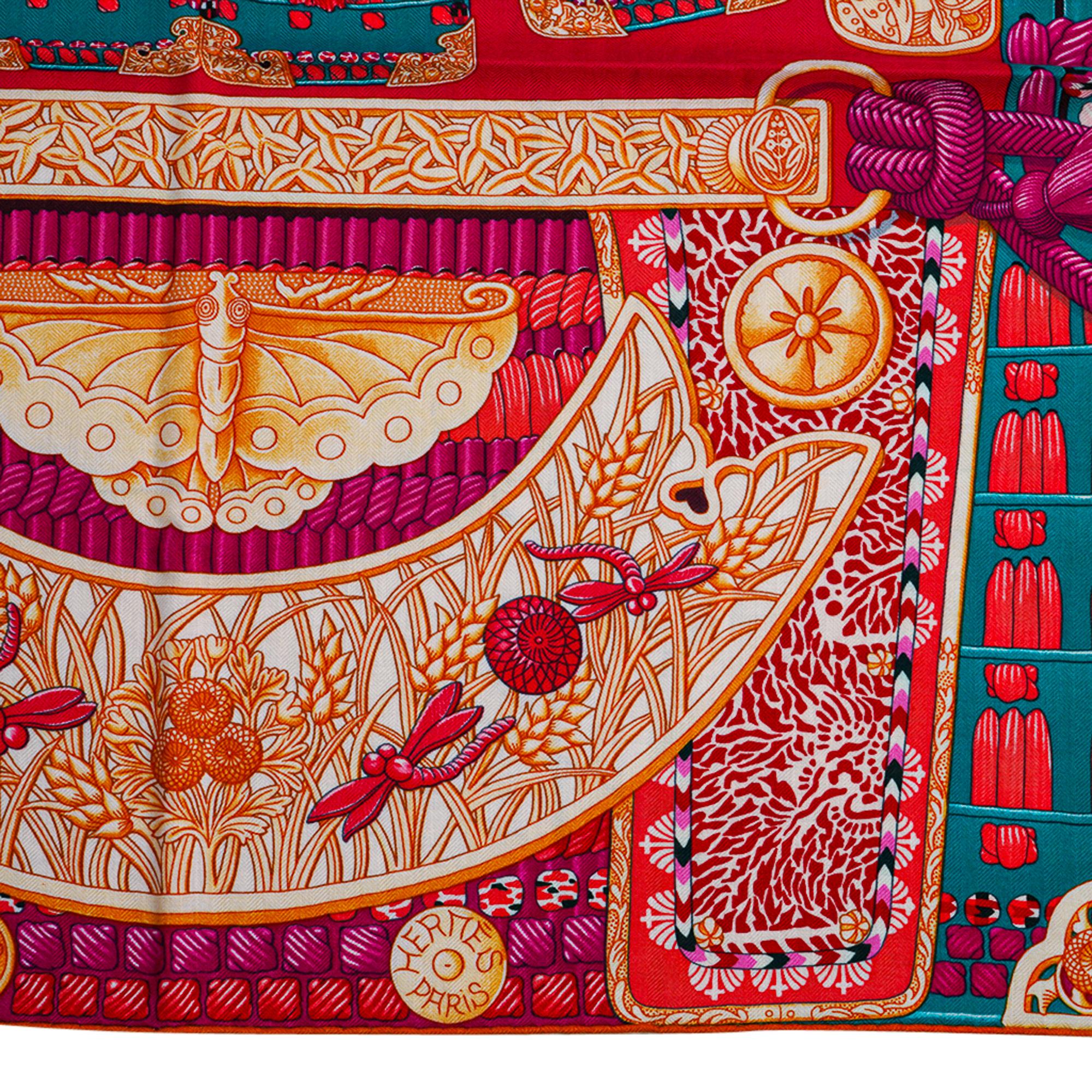 Hermes Shawl GM Parures de Samouraïs Cashmere Rose Indien Vert Corail 140 cm New For Sale 1