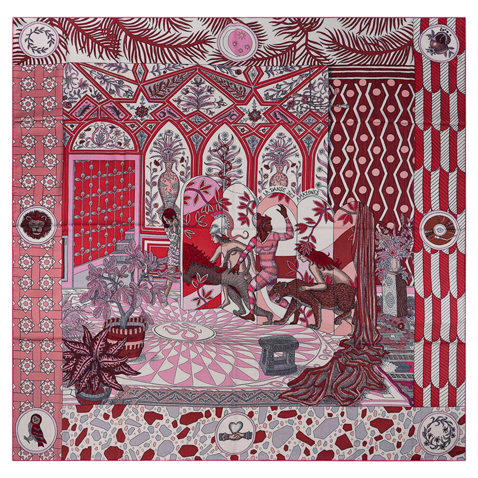 Hermes Shawl La Danse des Amazones Cashmere Scarf 140 Vieux Rose Gris  Blanc For Sale
