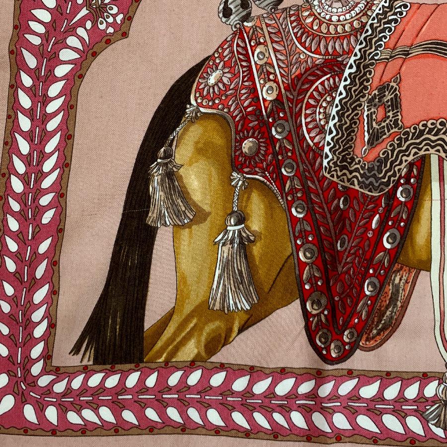 Brown Hermès Shawl 'La Danse du Cheval Marwari' in Pink Cashmere and Silk