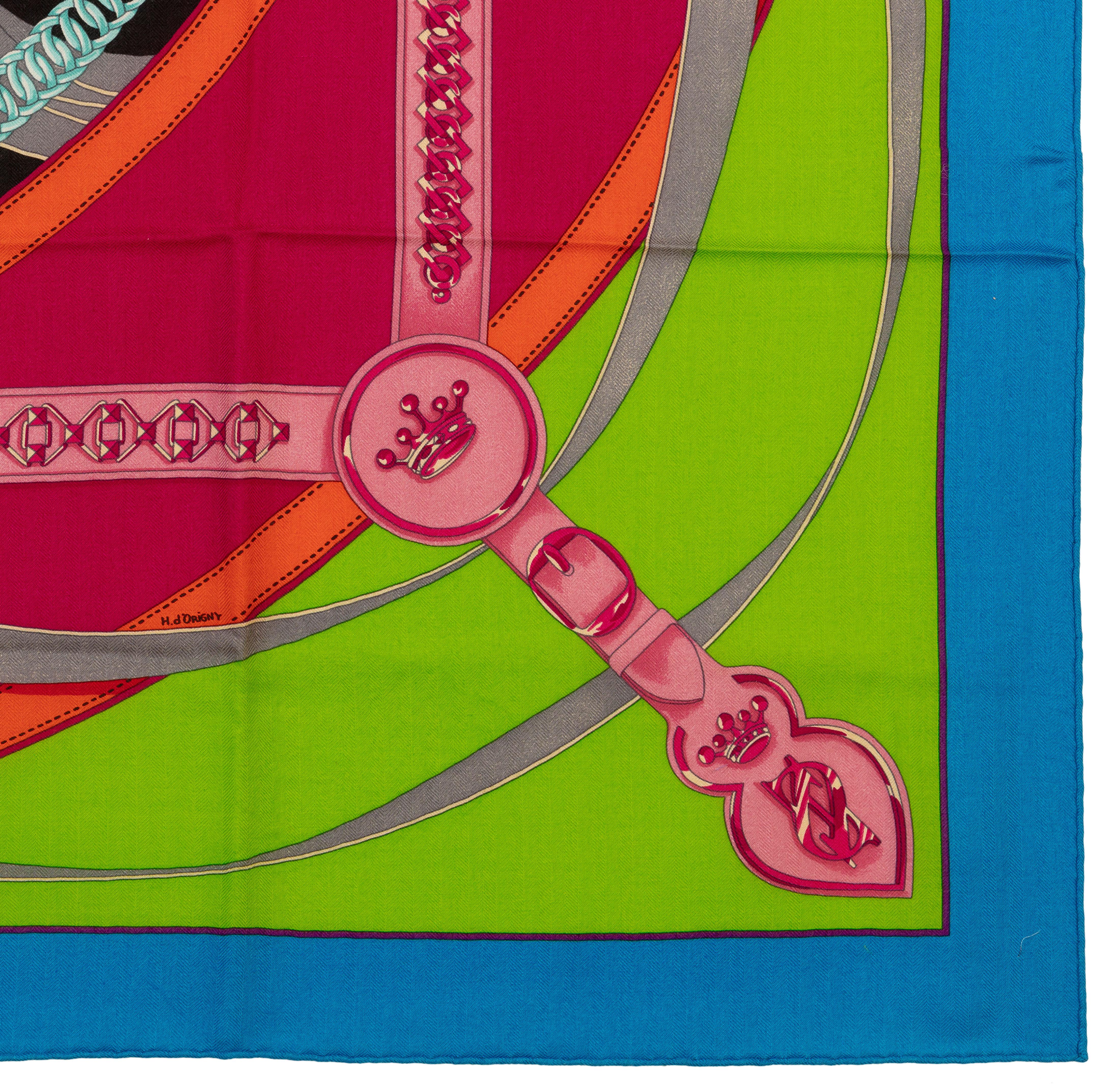 Scialle Hermes La Promenade du Matin CS140 Bleu Azur Vert Fluo Fuschia NUOVO in vendita 6