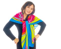 Hermes Shawl La Promenade du Matin CS140 Bleu Azur Vert Fluo Fuschia NEW