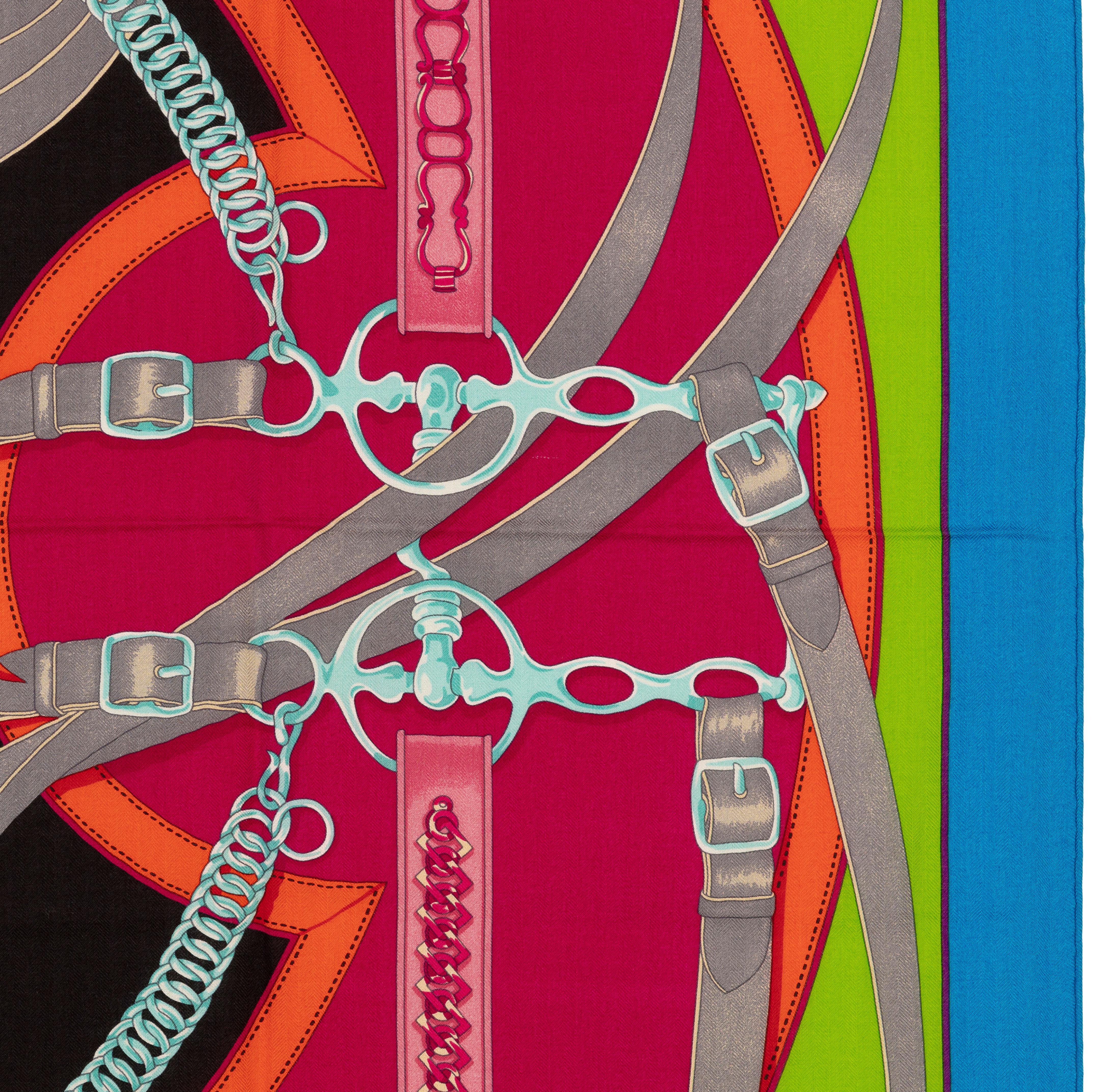 Scialle Hermes La Promenade du Matin CS140 Bleu Azur Vert Fluo Fuschia NUOVO in vendita 3