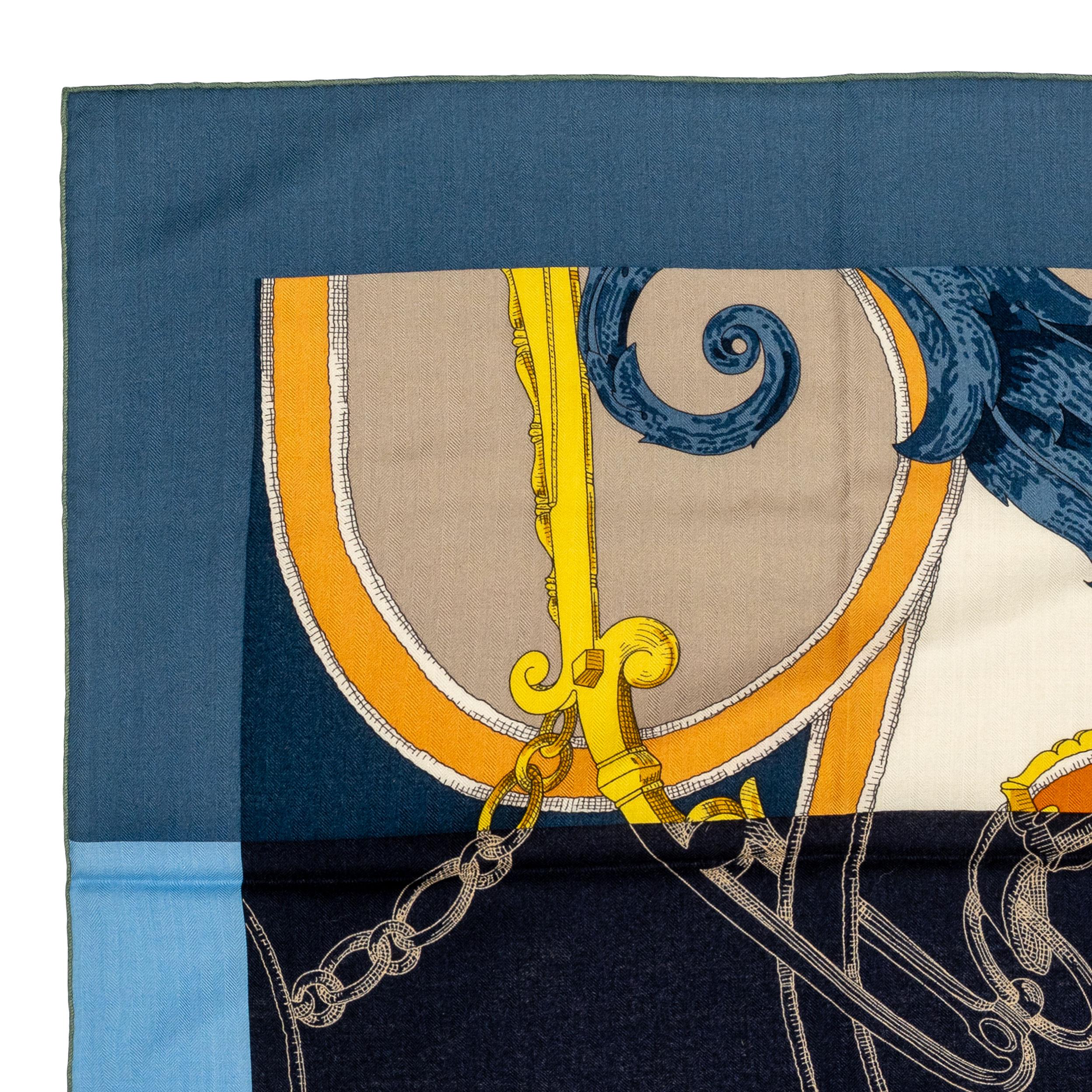 Black Hermes Shawl L’Instruction du Roy – CS140 – Bleu Ardoise - New Store Tag! For Sale