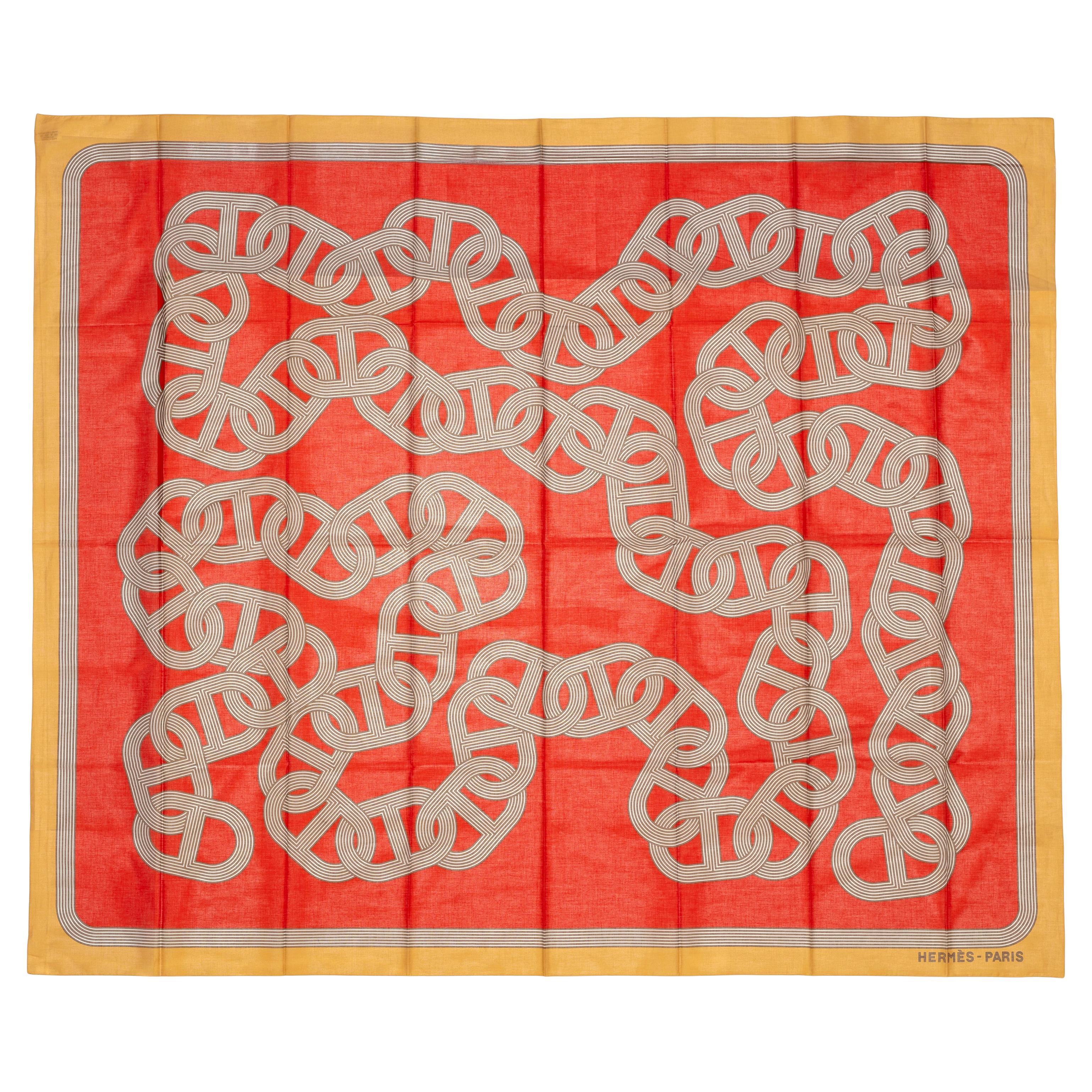 Hermes Scialle Sciarpa 100% Cotone - 146x176cm - Beige rosso - 24 Faubourg Circuit in vendita