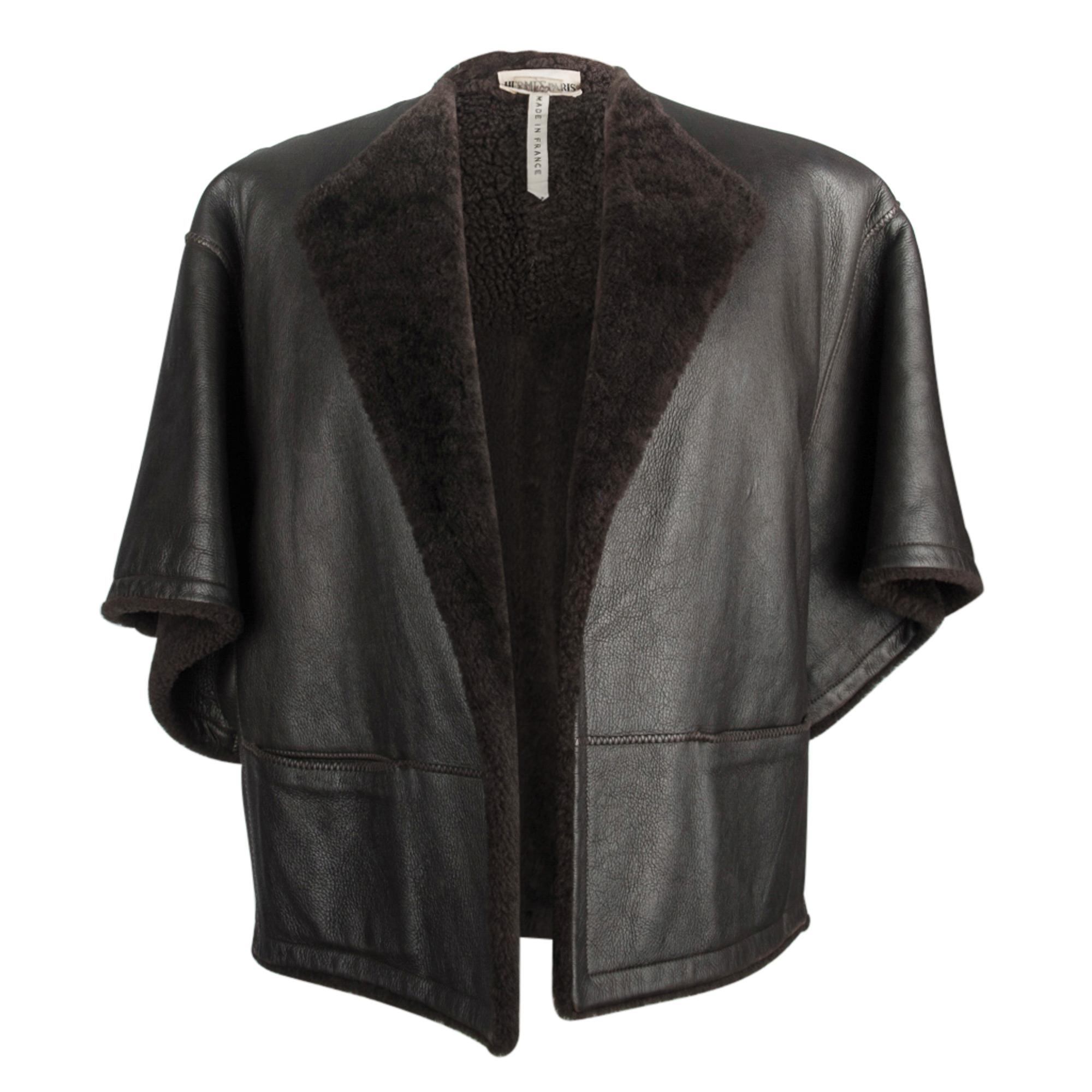 Hermes Shearling Capelet Jacket Dark Brown 3/4 Sleeve 38 / 4 to 6  Striking  For Sale 4