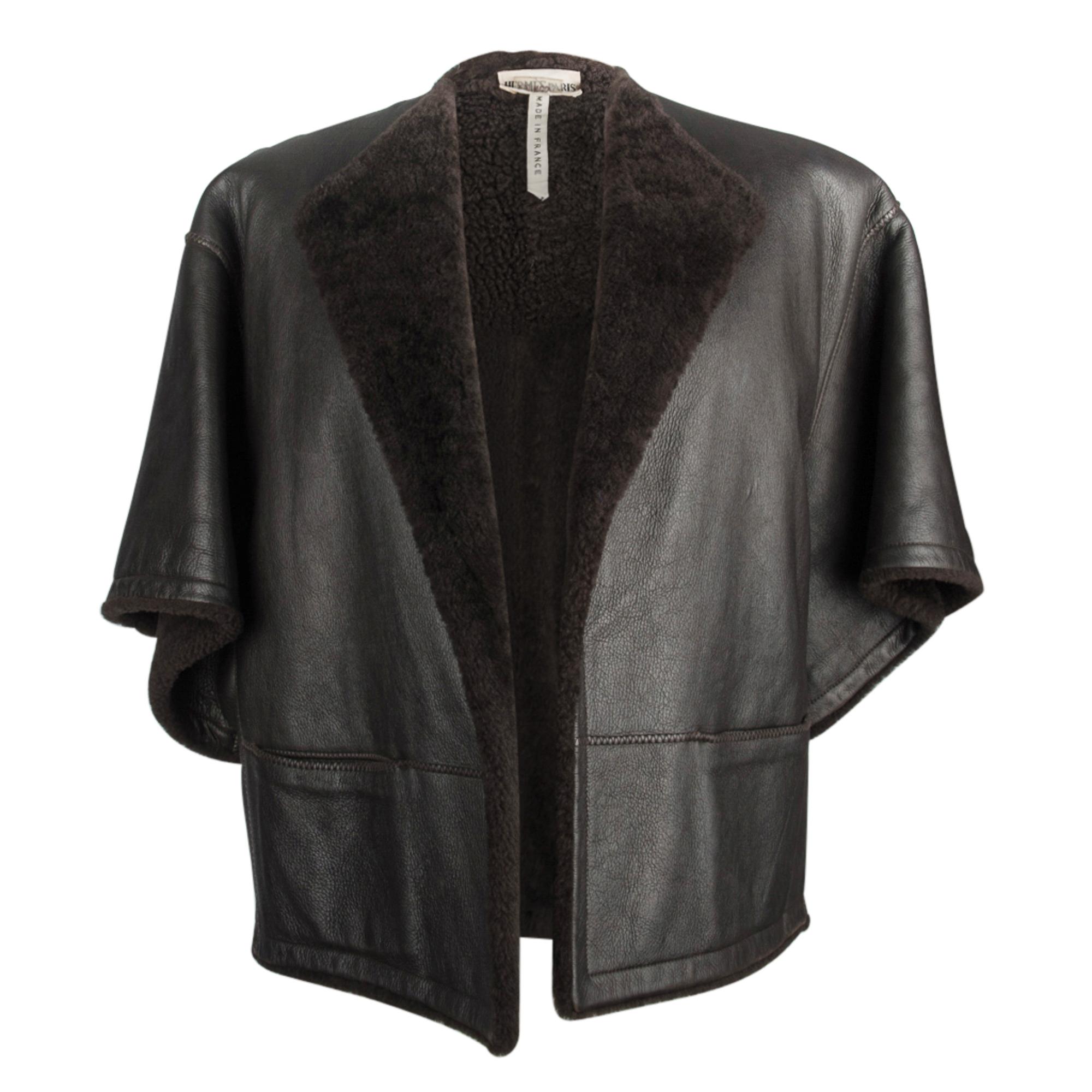 Hermes Shearling Capelet Jacket Dark Brown 3/4 Sleeve 38 / 4 to 6  Striking 4
