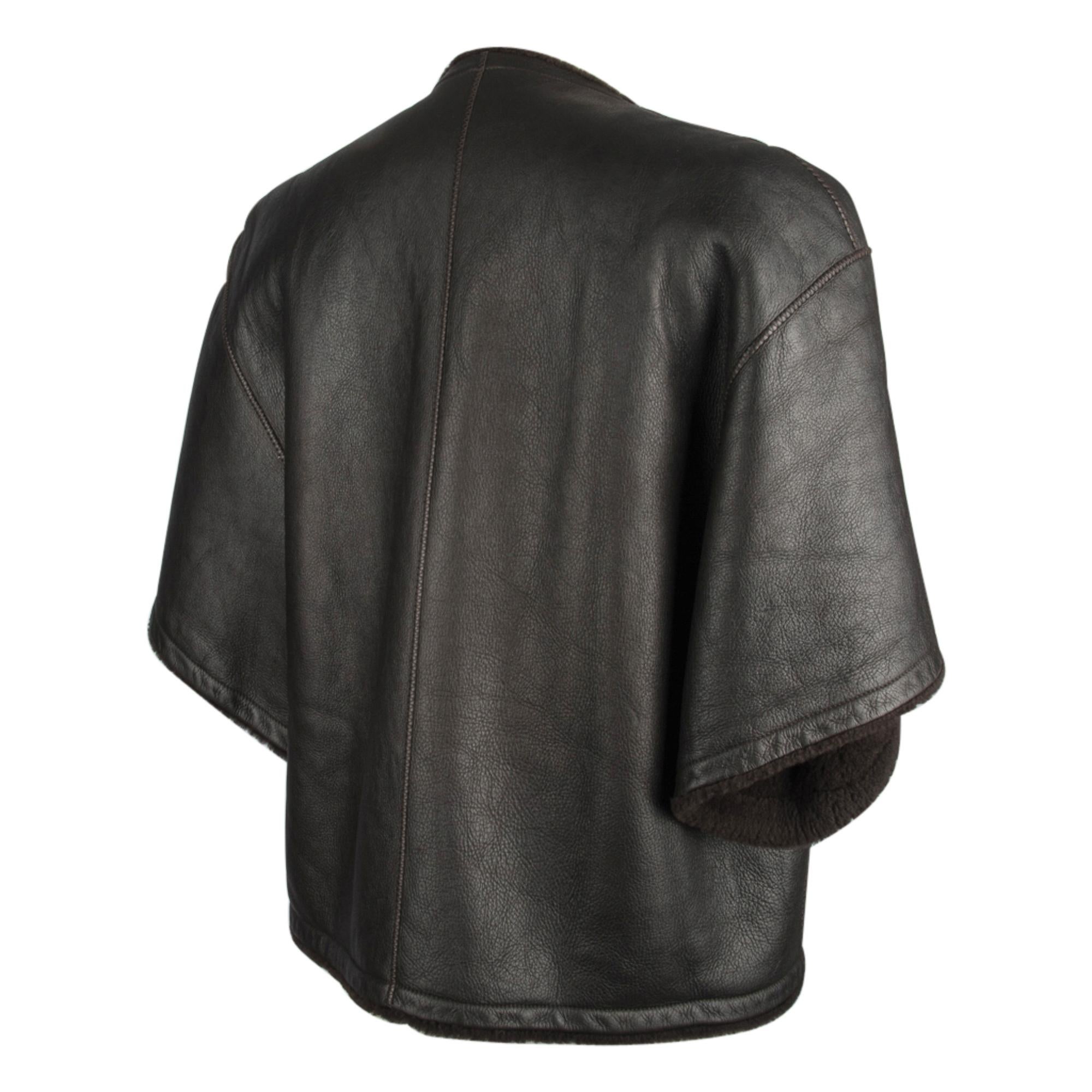 Hermes Shearling Capelet Jacket Dark Brown 3/4 Sleeve 38 / 4 to 6  Striking  For Sale 3