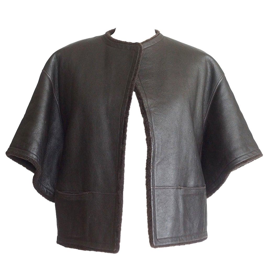 Hermes Shearling Capelet Jacket Dark Brown 3/4 Sleeve 38 / 4 to 6  Striking 