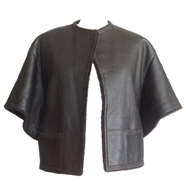Hermes Shearling Jacket Dark Brown 3 4 Sleeve 38 To 6 Striking Guaranteed Authentic Hermes Rich Brown Leather Shearling Capelet Style Jacket Dark Drop