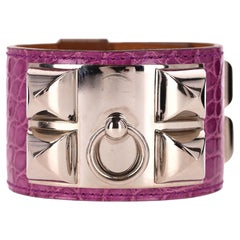Hermes Shiny Alligator Palladium Plated Collier de Chien Bracelet