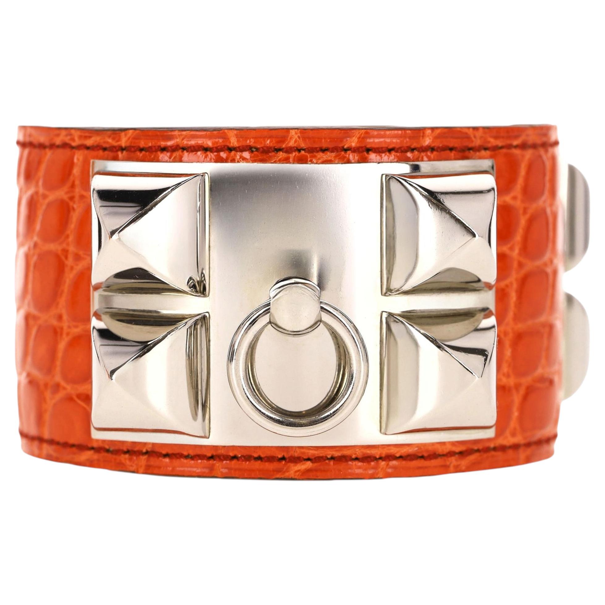 Hermes Pulsera Collier de Chien Aligátor Brillante Paladiado