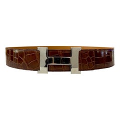 Hermes Shiny Crocodile Skin Belt With Large 'H' Palladium Buckle