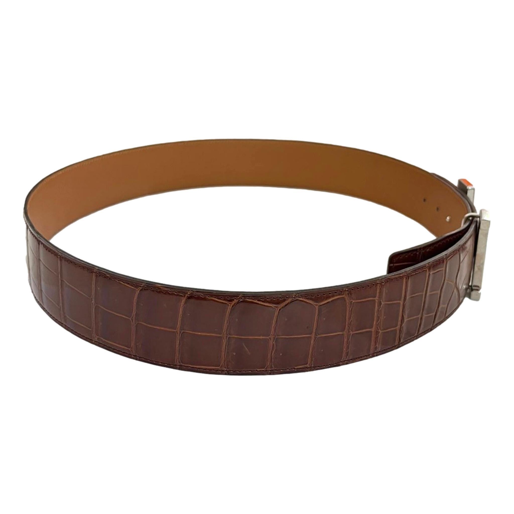 Brown Hermes Shiny Crocodile Skin Belt With Large 'H' Palladium Buckle For Sale
