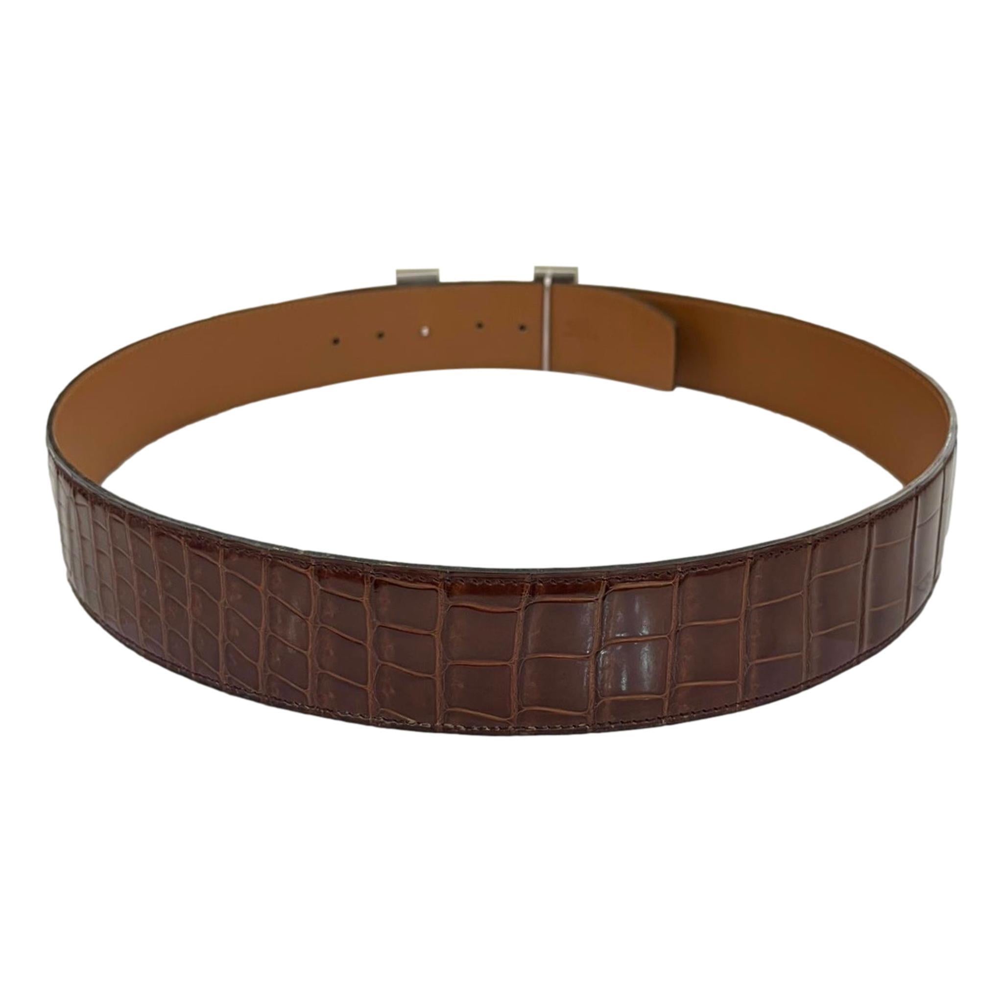 Women's Hermes Shiny Crocodile Skin Belt With Large 'H' Palladium Buckle For Sale