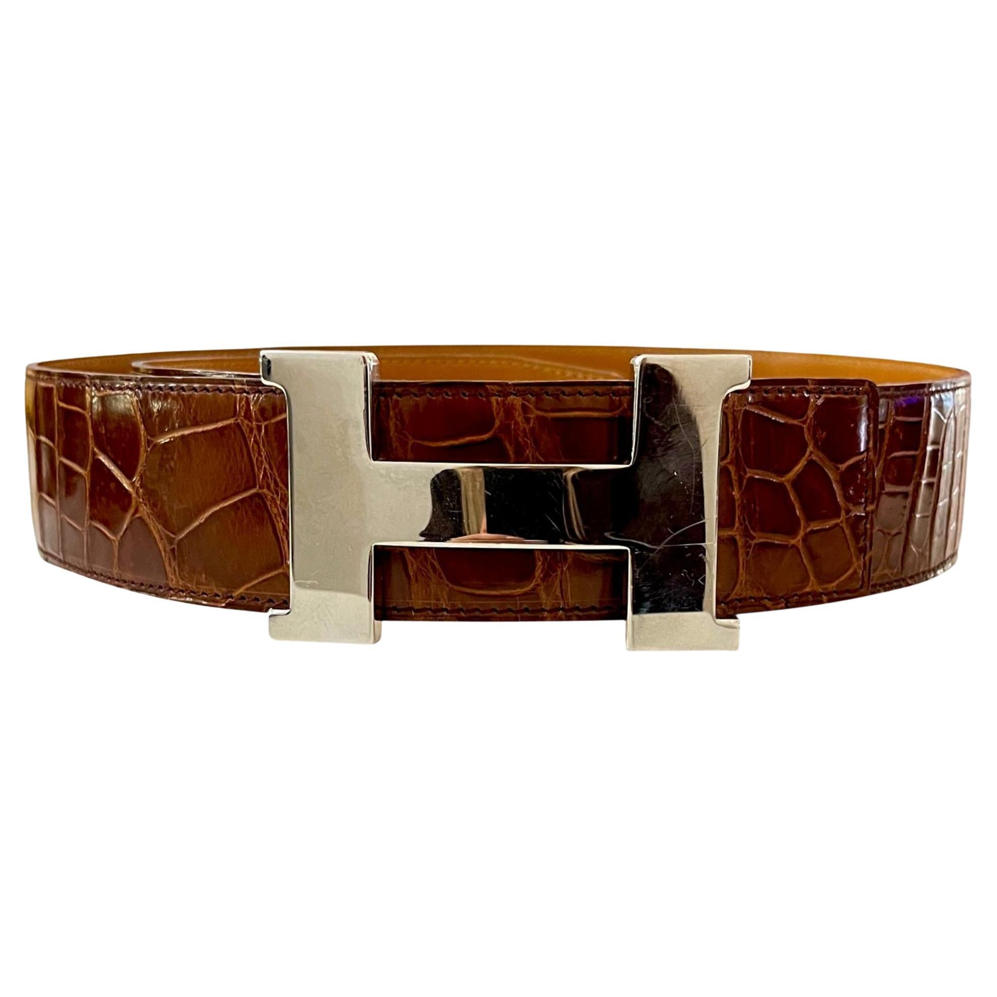 Hermes Shiny Crocodile Skin Belt With Large 'H' Palladium Buckle For Sale