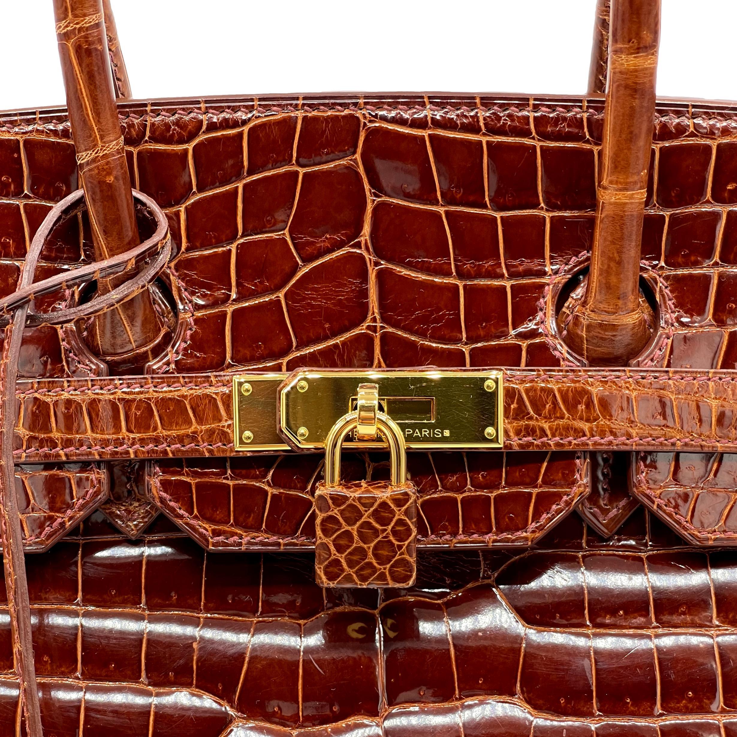 Sac Birkin 35 cm Hermès Shiny Miel Porosus Crocodile, avec accessoires en or, 2008. 7