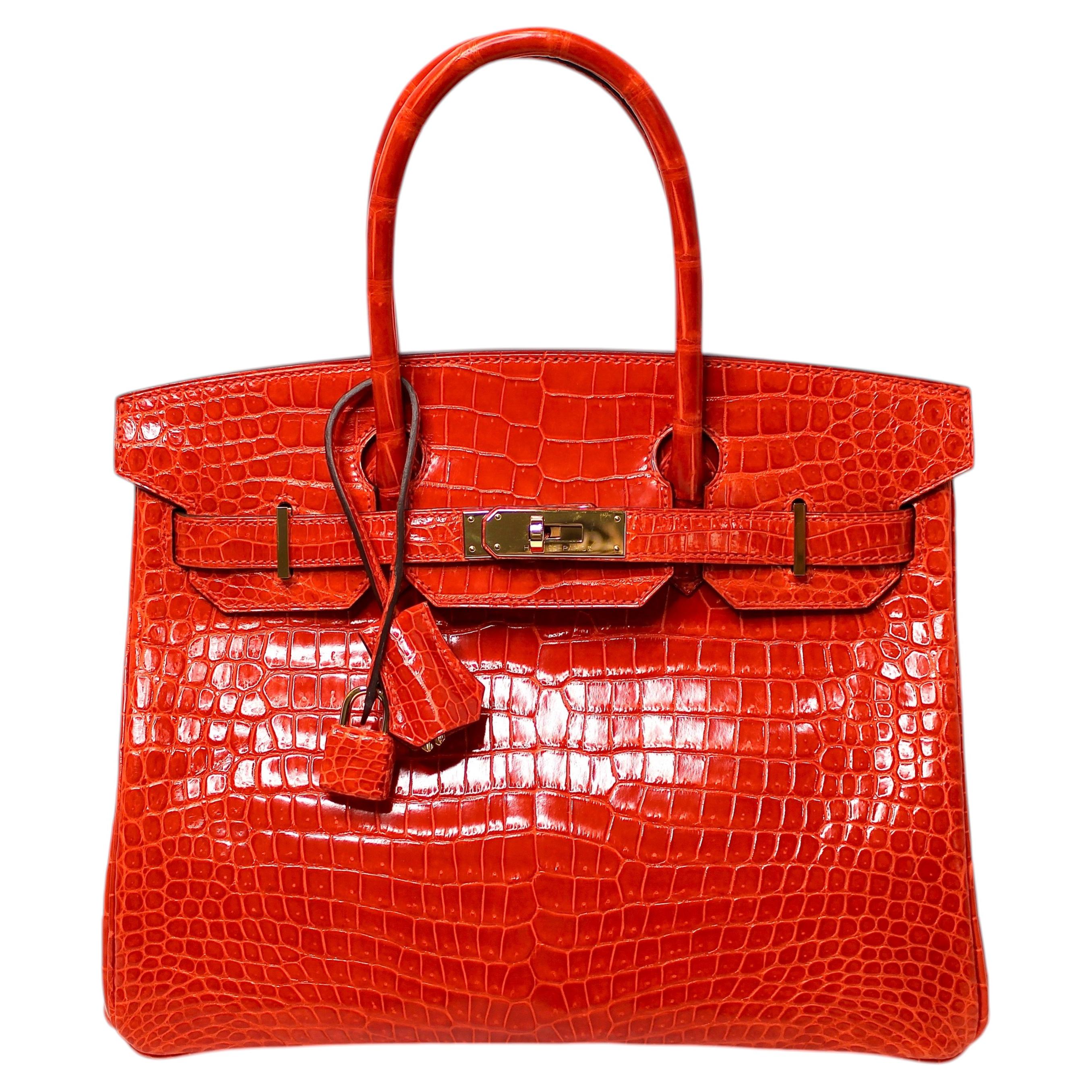 Hermès Shiny Orange Poppy Porosus Crocodile Birkin 35 For Sale