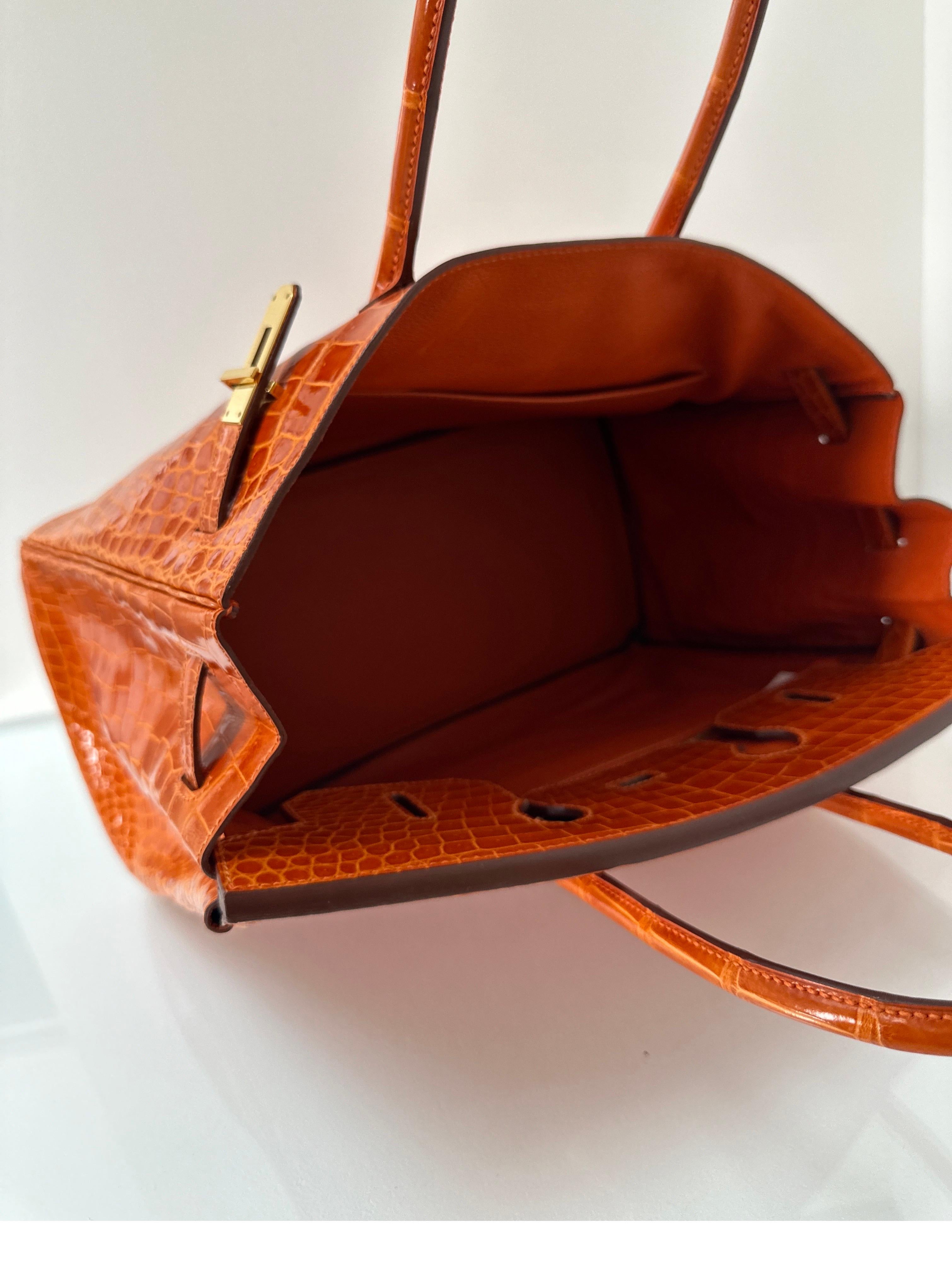 Hermes Shiny Porosus Crocodile Orange Birkin 35 Bag 6