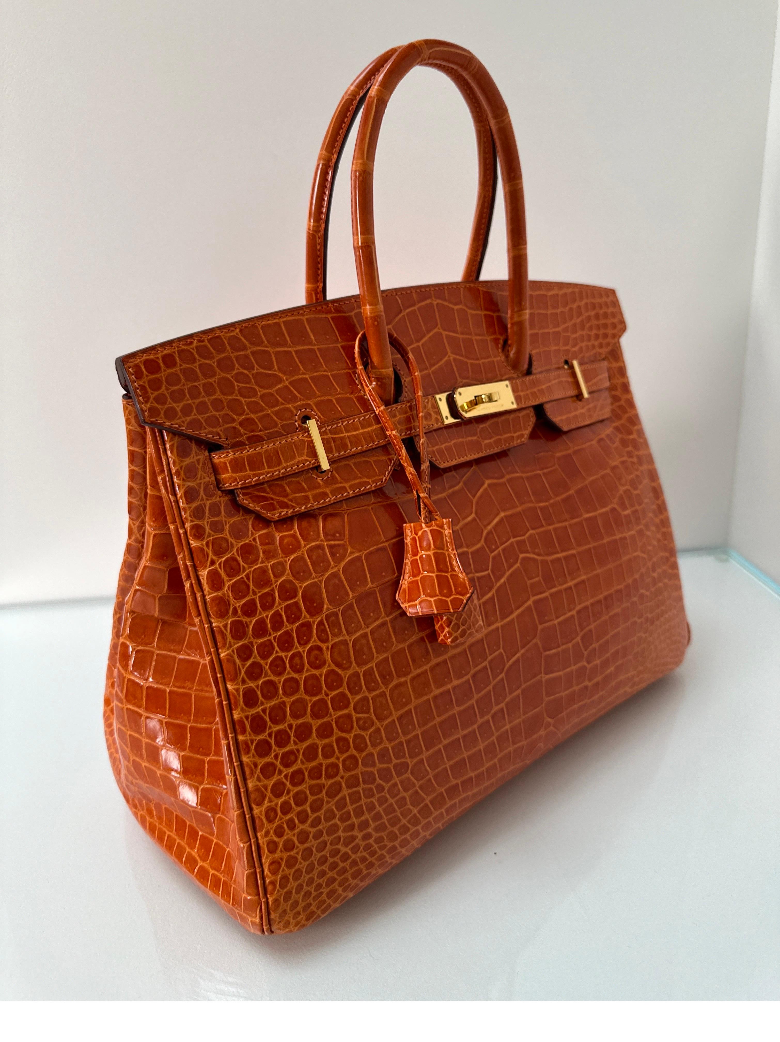 Hermes Shiny Porosus Crocodile Orange Birkin 35 Bag 9