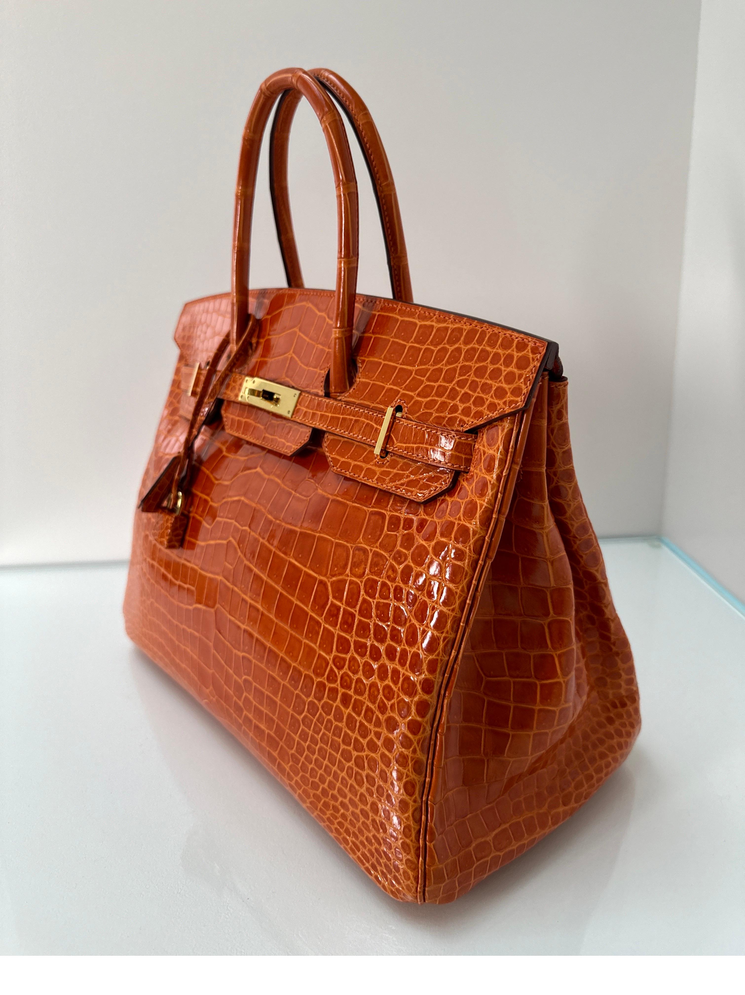 Hermes Shiny Porosus Crocodile Orange Birkin 35 Bag 10