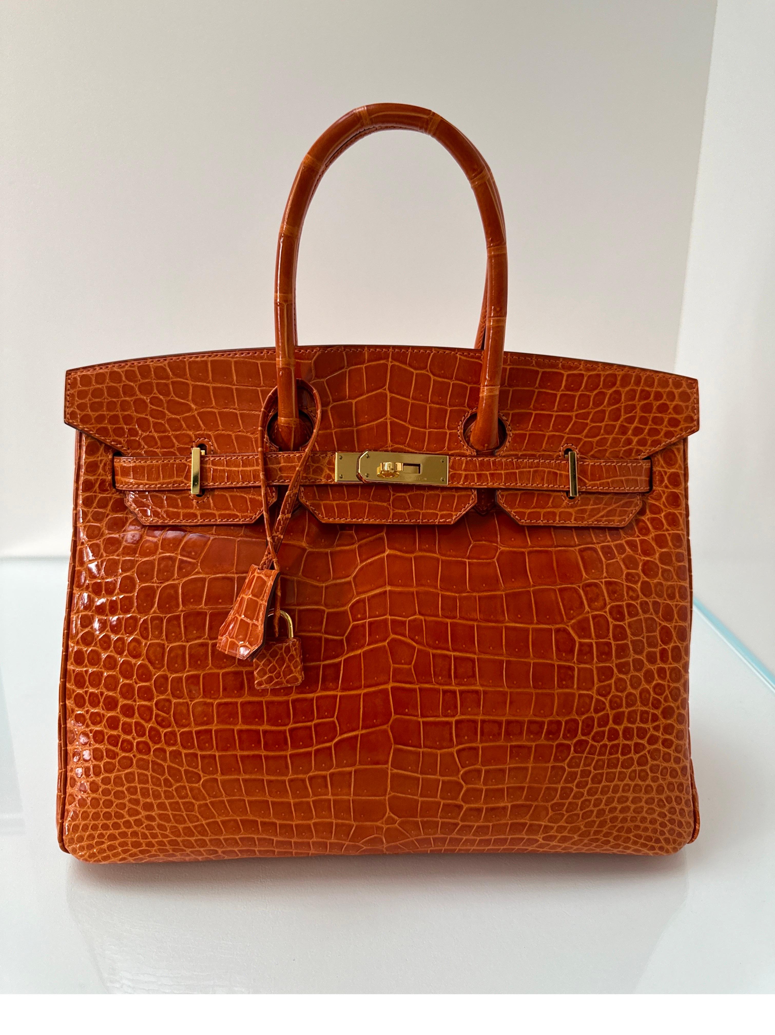 Hermes Shiny Porosus Crocodile Orange Birkin 35 Bag 14