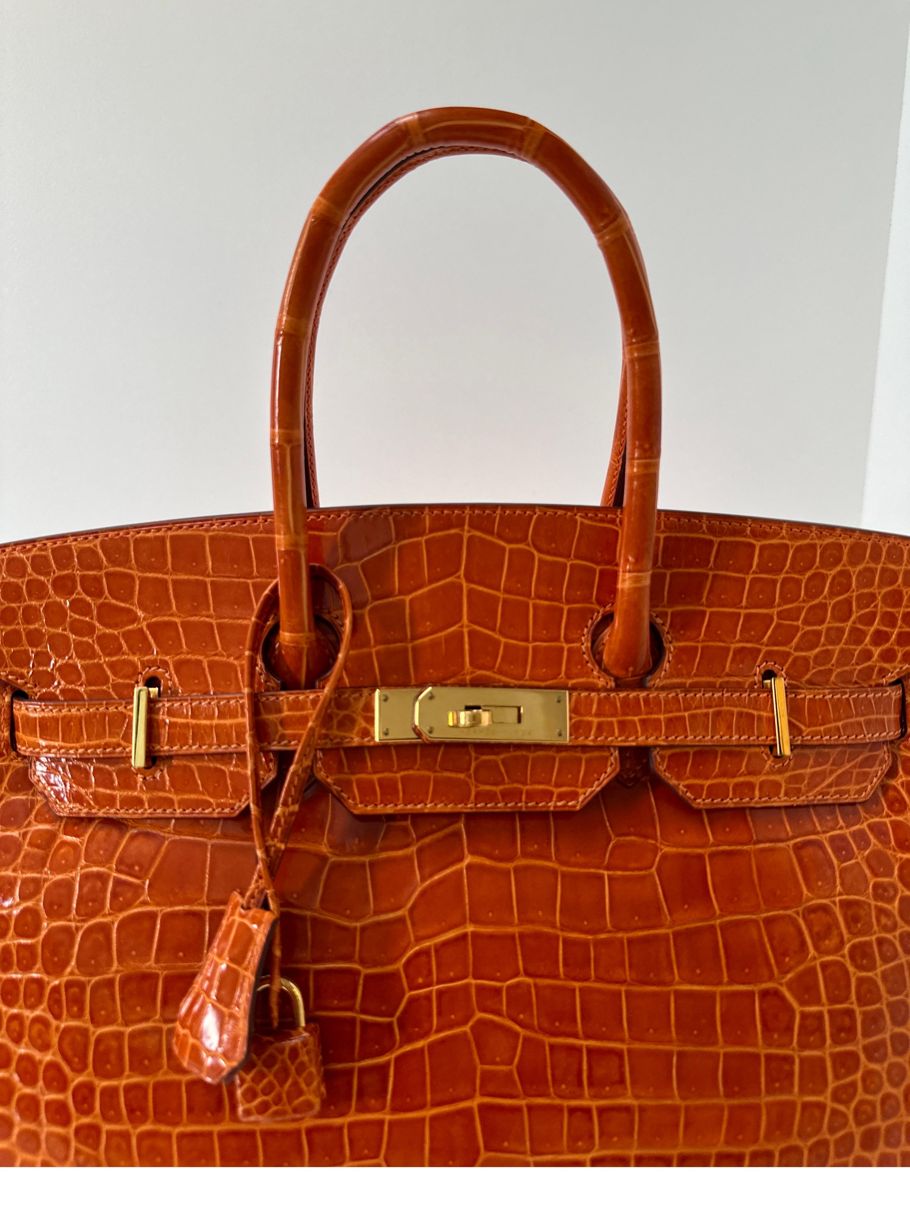Hermes Shiny Porosus Crocodile Orange Birkin 35 Bag 15