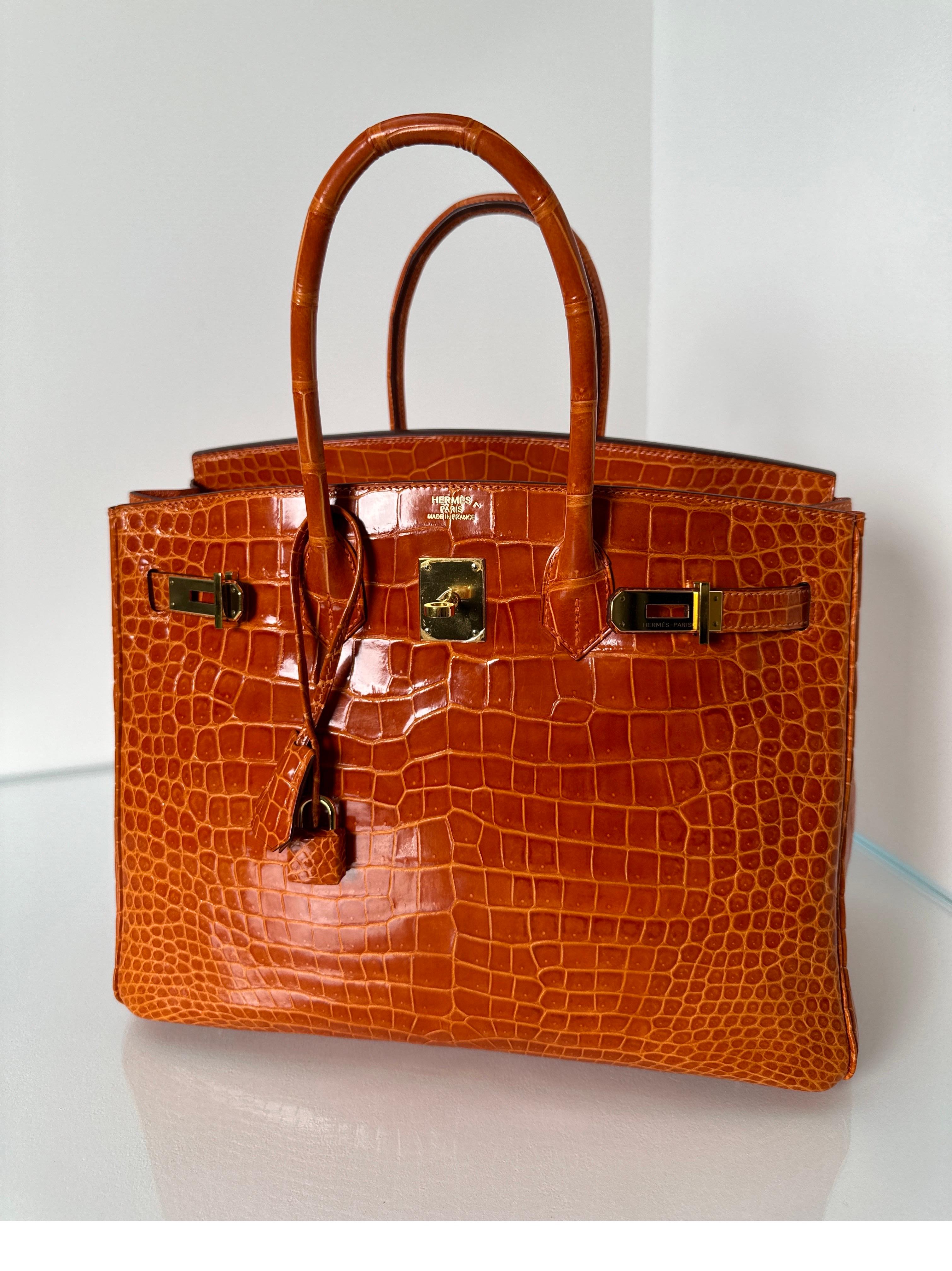 Red Hermes Shiny Porosus Crocodile Orange Birkin 35 Bag