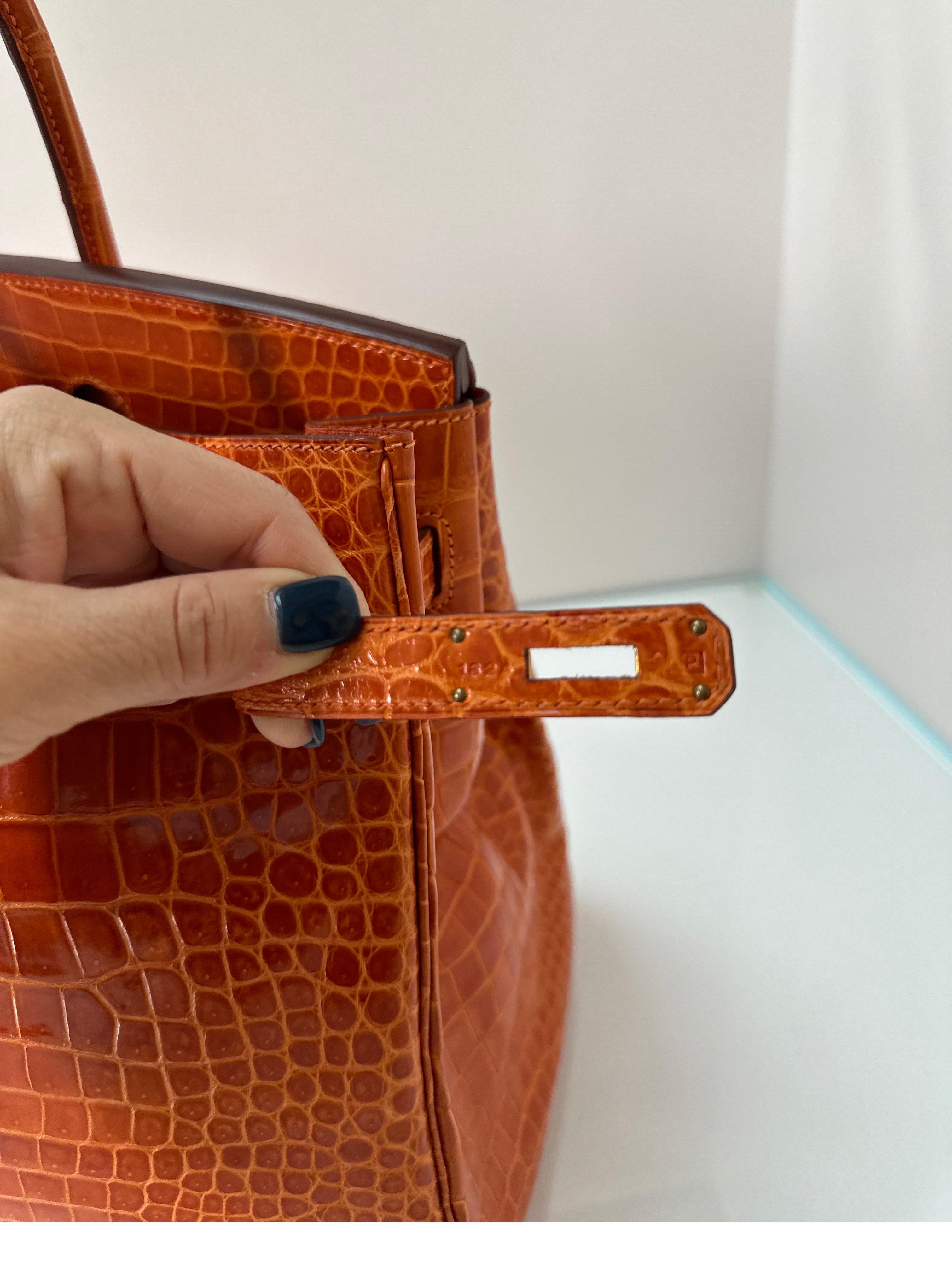 Hermes Shiny Porosus Crocodile Orange Birkin 35 Bag 3