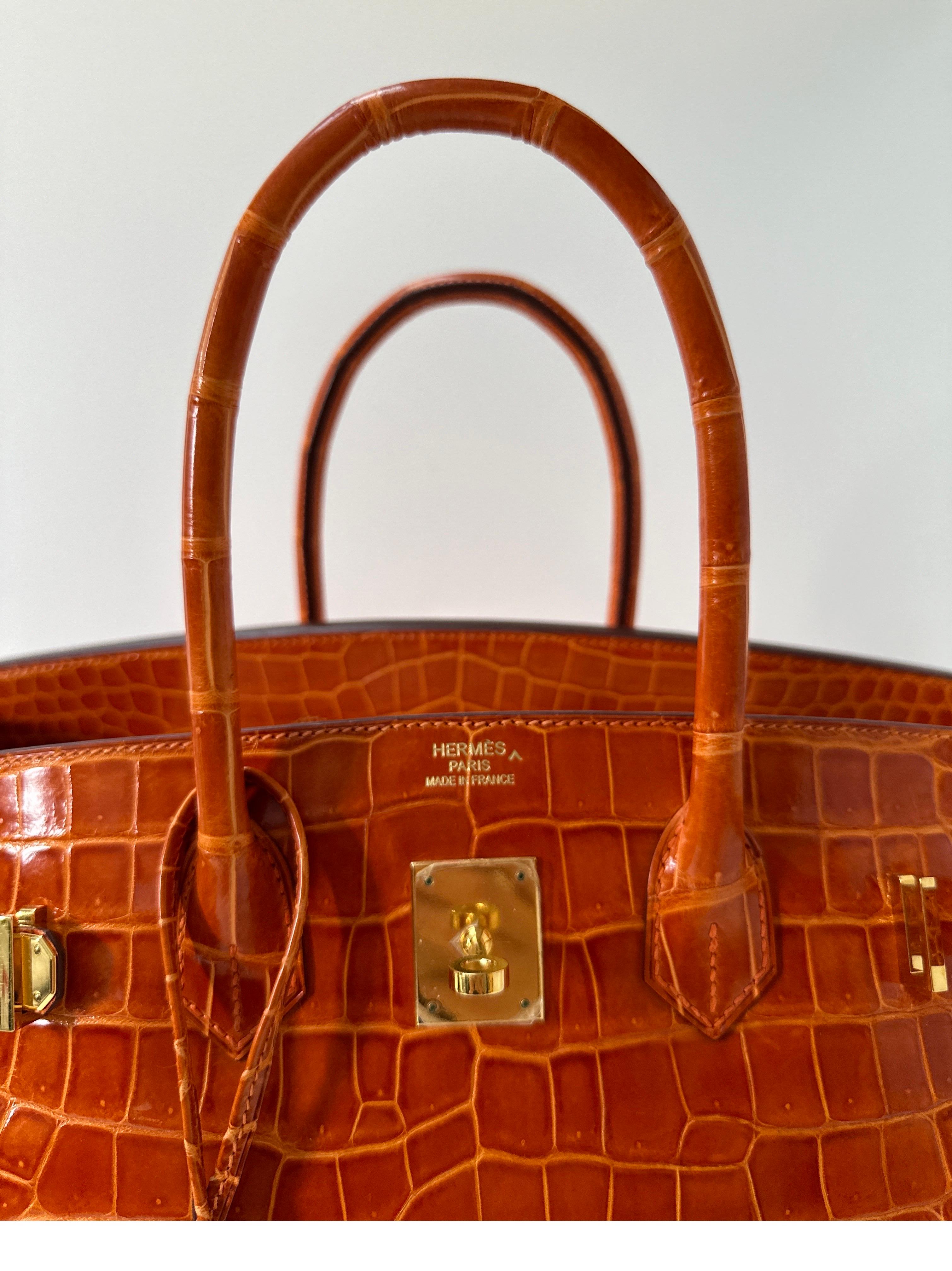 Hermes Shiny Porosus Crocodile Orange Birkin 35 Bag 4