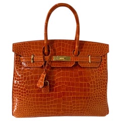Hermes Shiny Porosus Crocodile Orange Birkin 35 Bag