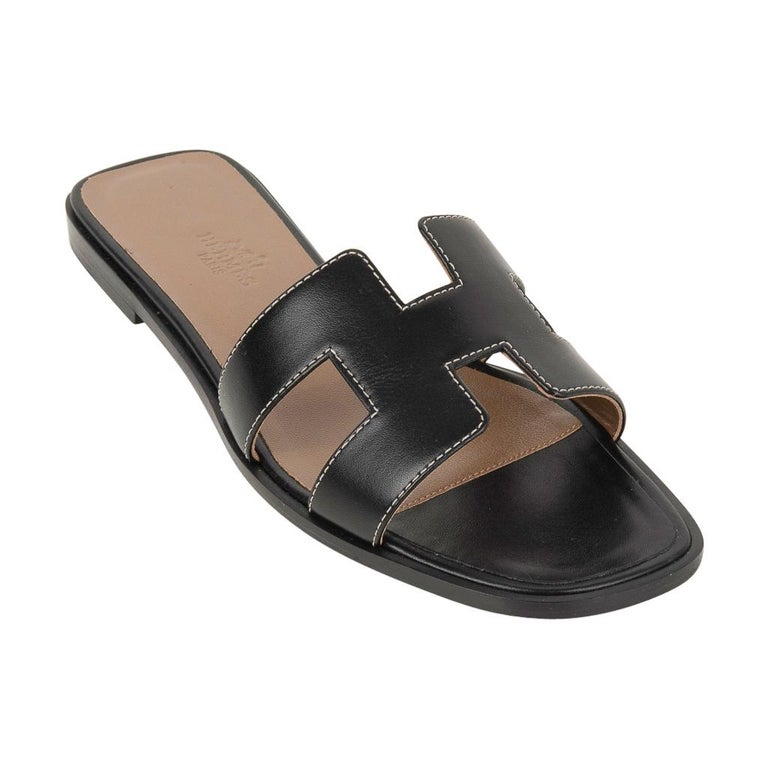 Hermes Oran Sandal Black Calfskin White Top Stitch Flat Shoes 36.5 / 6. ...