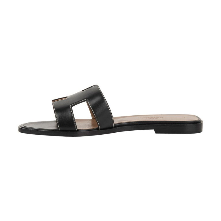 Hermes Oran Sandal Black Calfskin White Top Stitch Flat Shoes 36.5 / 6. ...