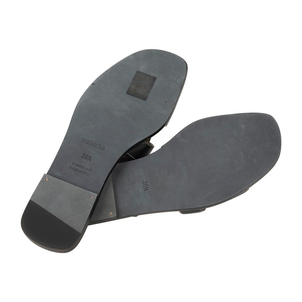 Hermes Oran Sandal Black Calfskin White Top Stitch Flat Shoes 36.5 / 6.5 New 1
