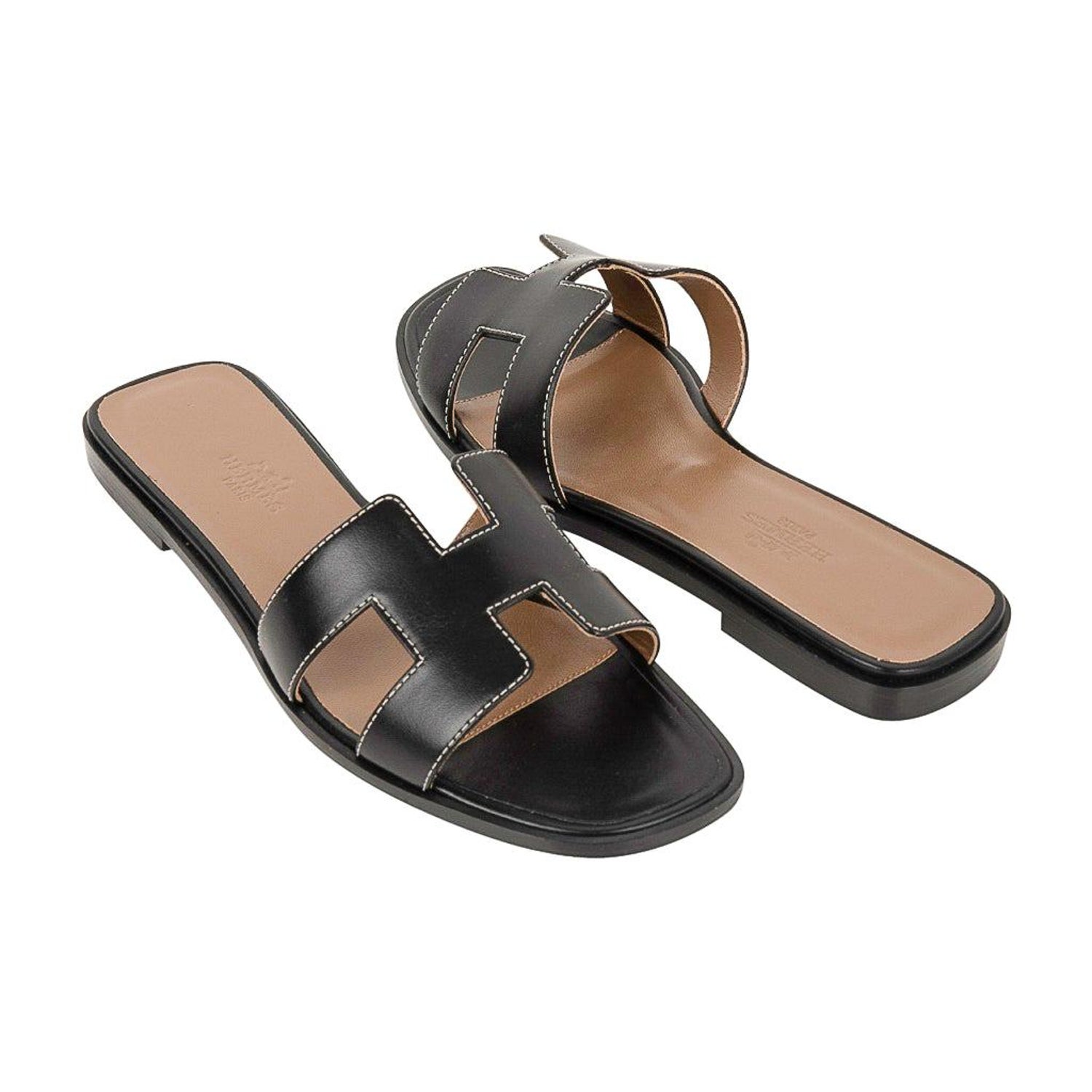 Hermes Oran Sandal Black Calfskin White Top Stitch Flat Shoes 36.5 / 6.5  New at 1stDibs | hermes shoes, hermes oran black, hermes shoe