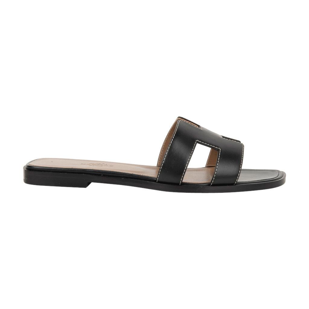 Hermes Shoes Flat Oran Sandal Black Calfskin White Top Stitch 37 / 7 ...