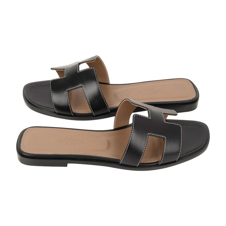 Hermes Shoes Flat Oran Sandal Black Calfskin White Top Hermes Shoes Flat Oran Sandal Black Calfskin White Top
