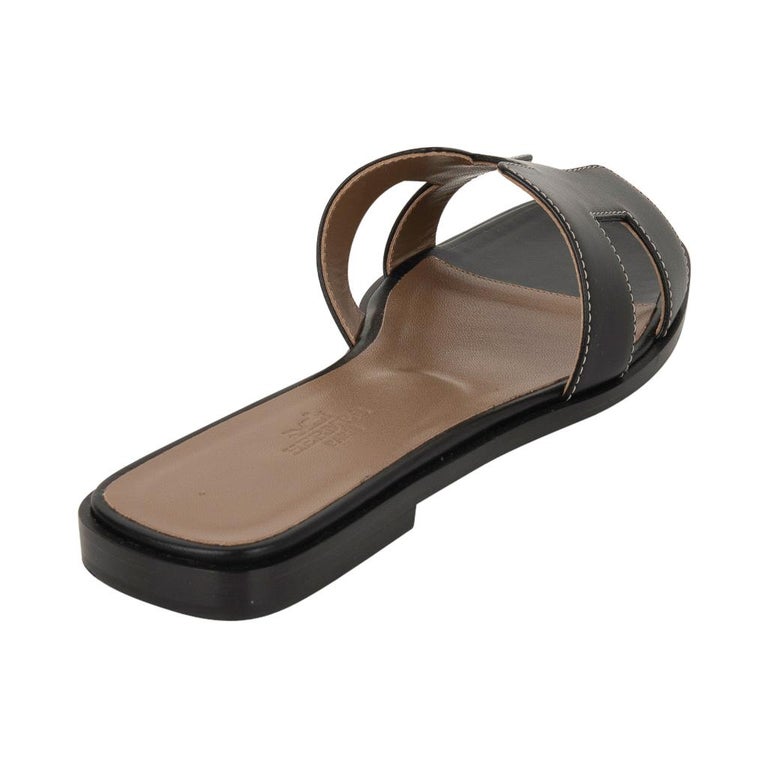  Hermes  Shoes  Flat  Oran Sandal  Black Calfskin White Top 