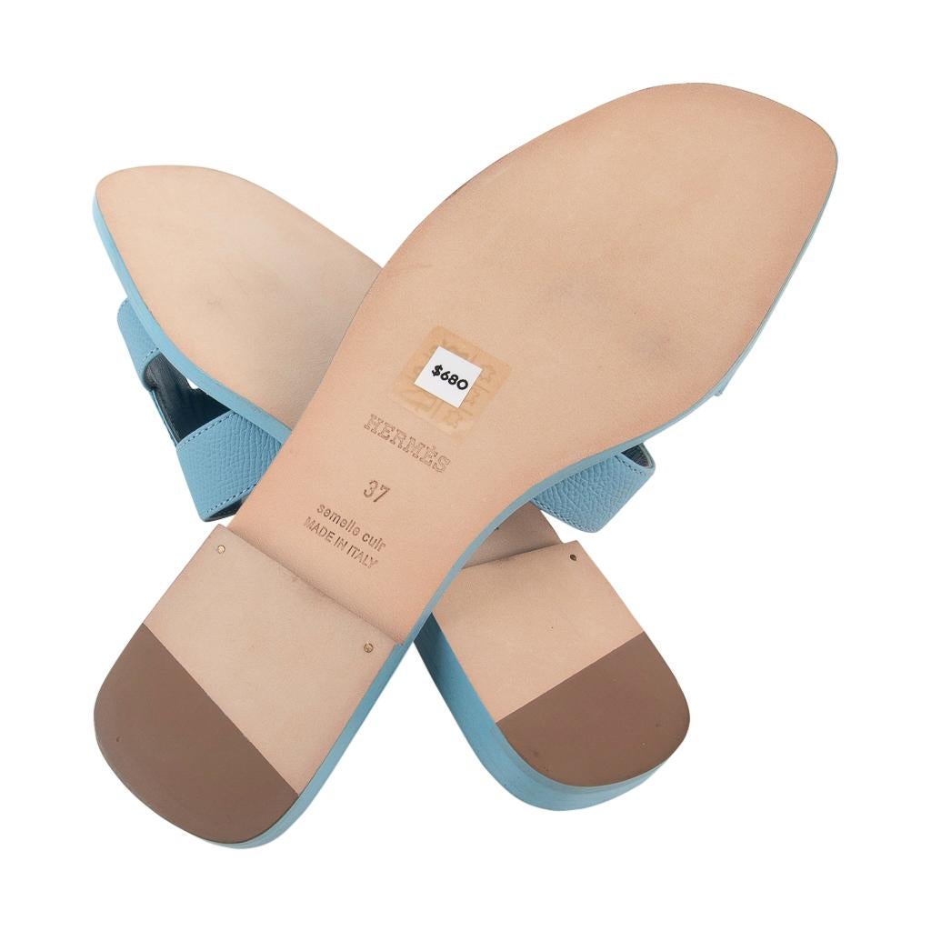 Women's Hermes Shoes Flat Oran Sandal Bleu Littoral 37 / 7 New