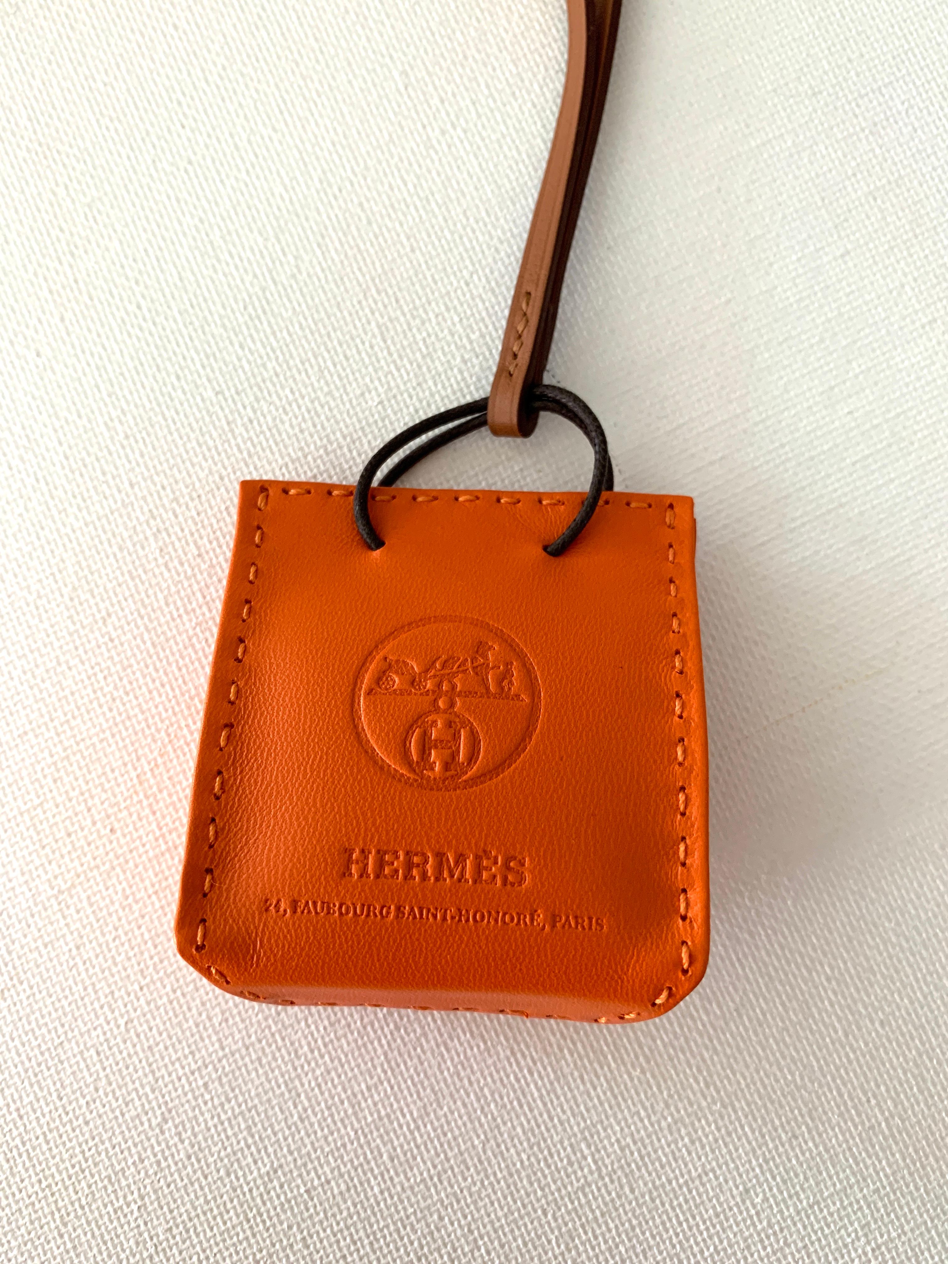 Women's or Men's Hermes Shopping Bag Orange Leather Charm for Birkin For Sale