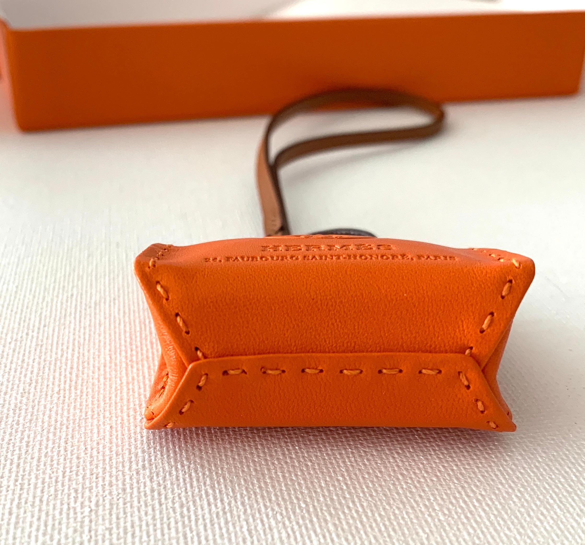 Hermes Shopping Bag Orange Leather Charm for Birkin For Sale 1
