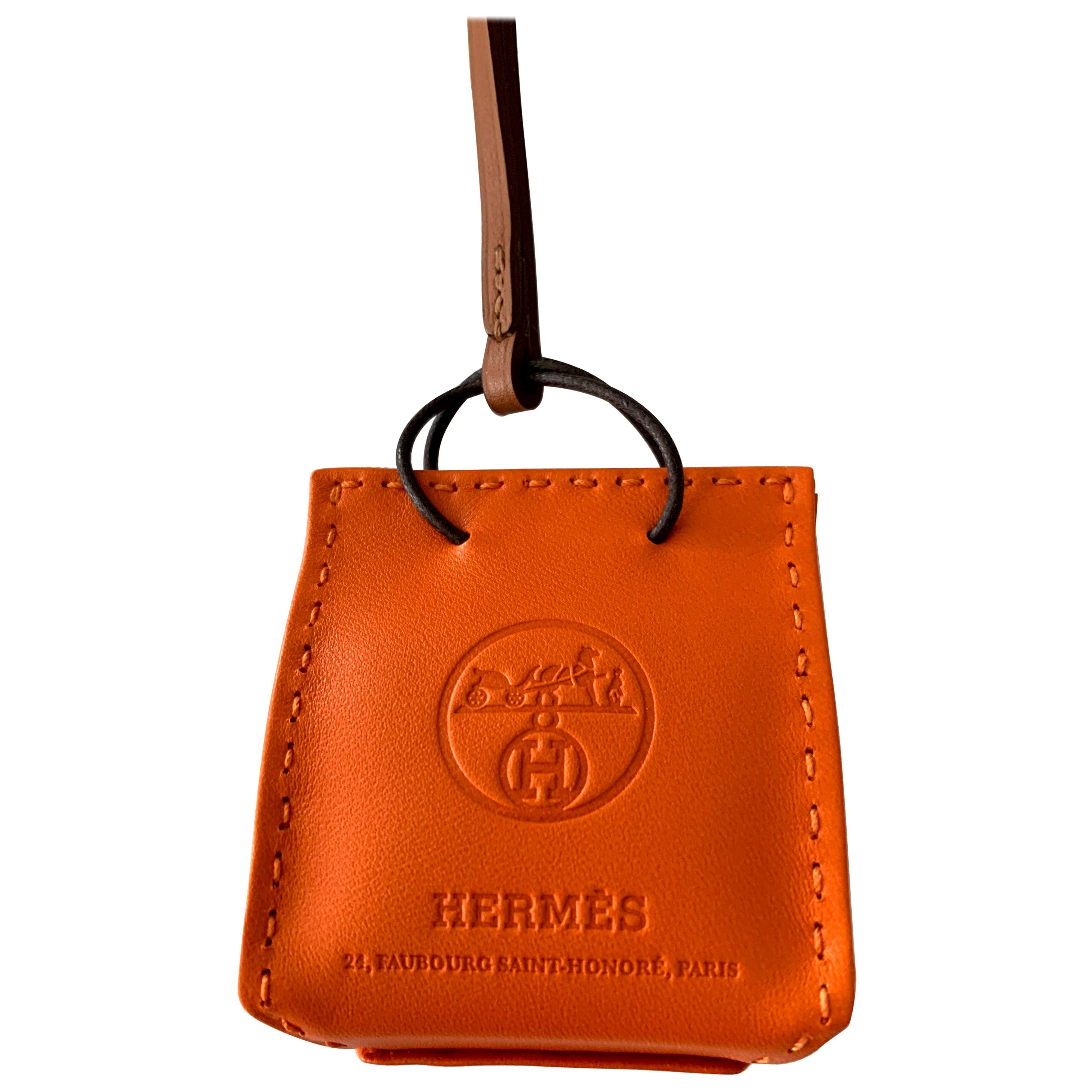 Hermes Shopping Bag Orange Leather Charm for Birkin For Sale
