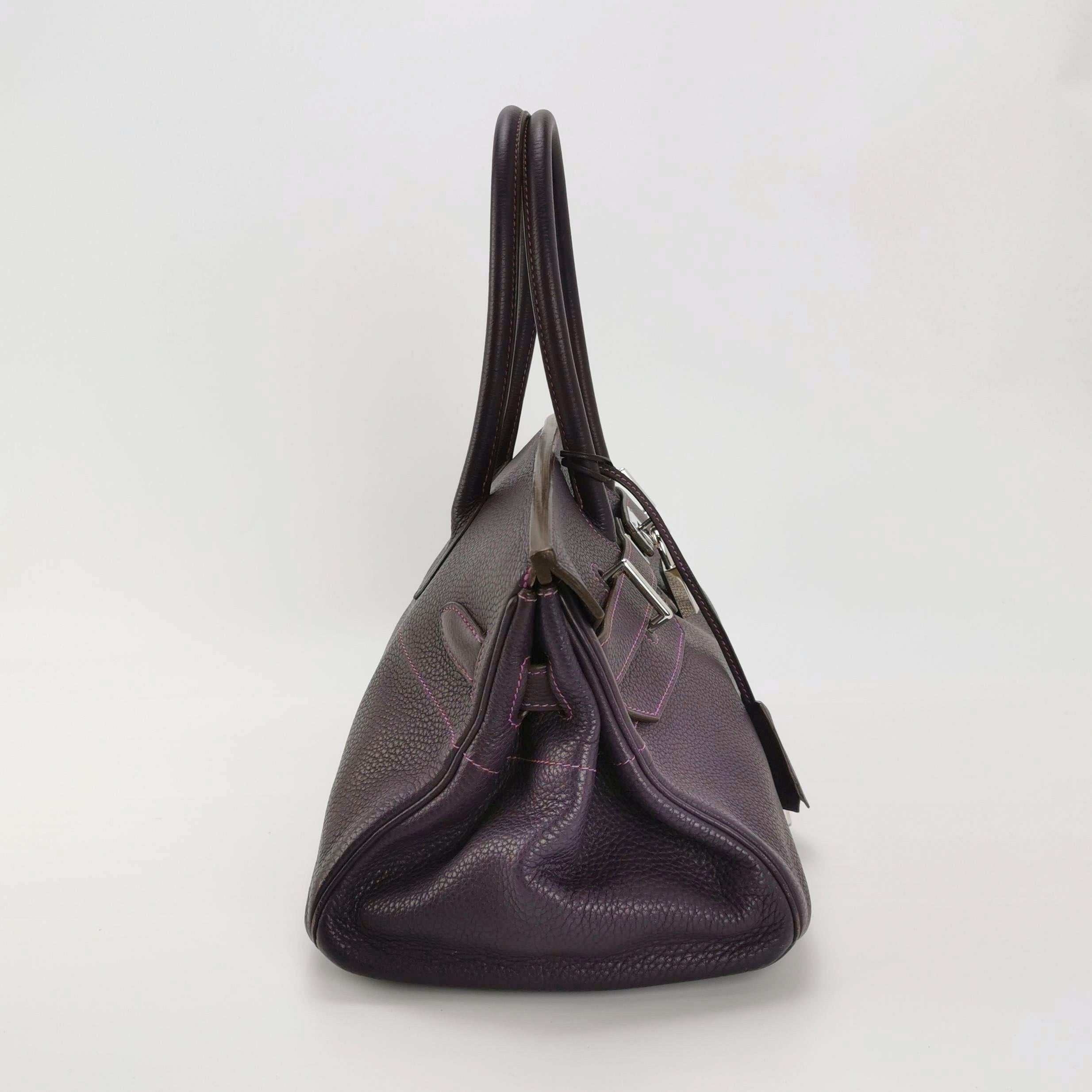 Hermes Schulter Birkin 42 HSS Sonderbestellung Togo Cassis Violett Anemone Interieur im Zustand „Gut“ im Angebot in AUBERVILLIERS, FR
