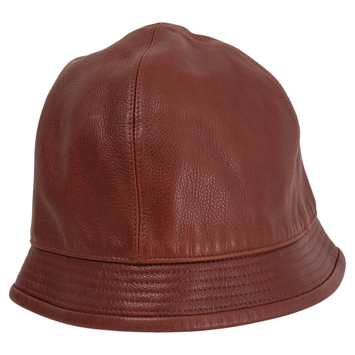 HERMES Sienne chestnut brown grained leather Bucket Hat 57 For Sale