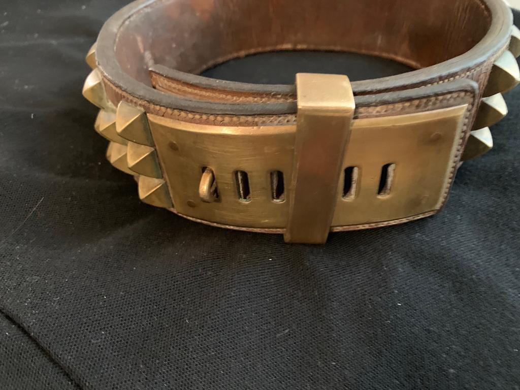 French Hermès Signed Stitched Leather and Bronze Dog Collar Necklace, Paris, 1930s For Sale