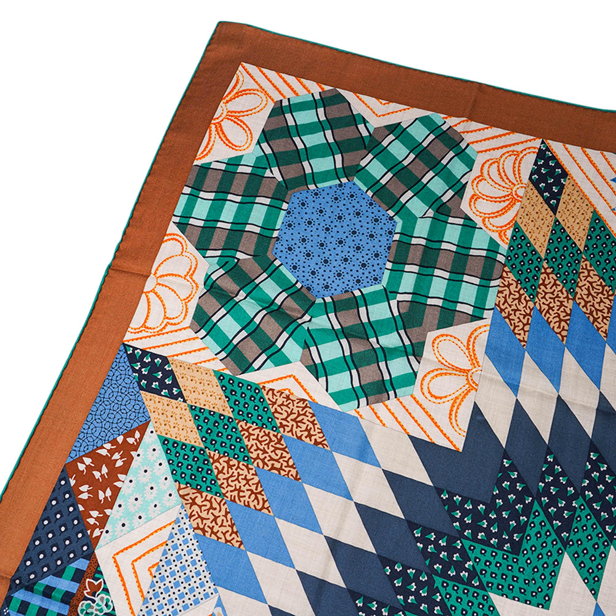 Hermes-Schal aus Seide und Kaschmir 140 American Quilts Noisette Naturel und Vert im Angebot 5